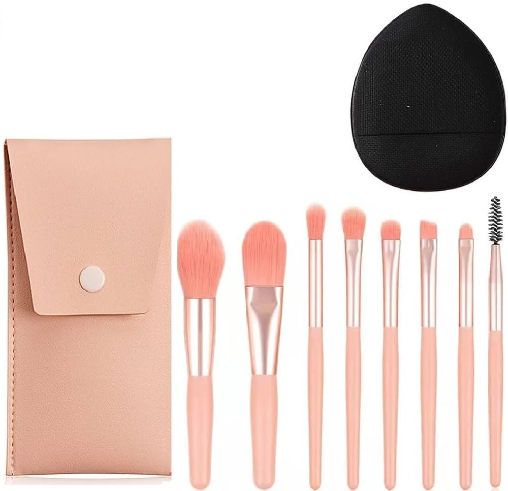 8-Piece Professional Makeup Brush Set with Travel Case - Perfect for Makeup Artists & Beginners - Includes Mini Finger Powder Puff & Blending Sponge for Flawless Foundation & Contouring (Ideal for Travel, Home & Professional Use)