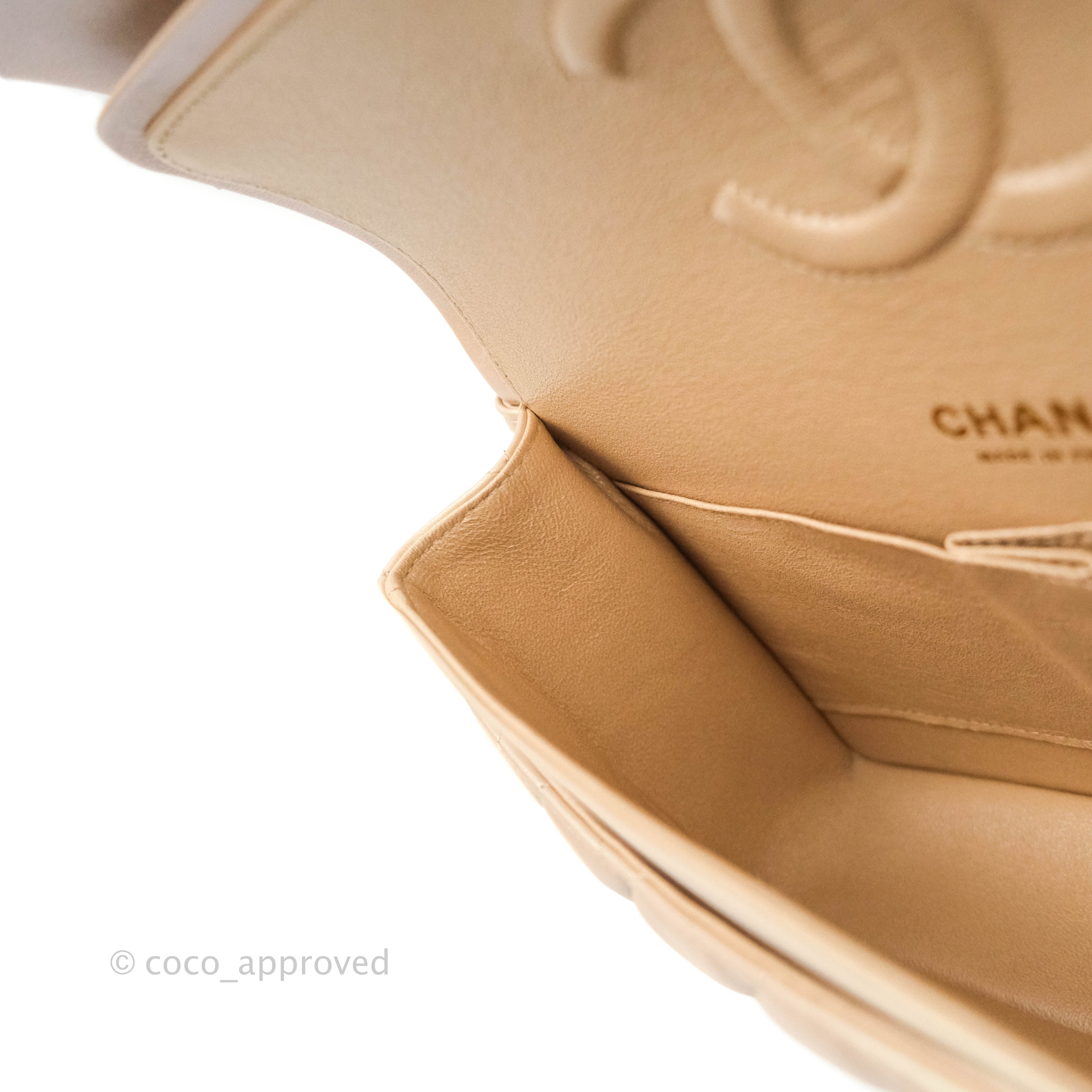 Chanel Classic Medium Double Flap Bag in Iridescent Beige Calfskin with Gold Hardware 21S Collection - Perfect for Luxury Everyday Use & Special Occasions