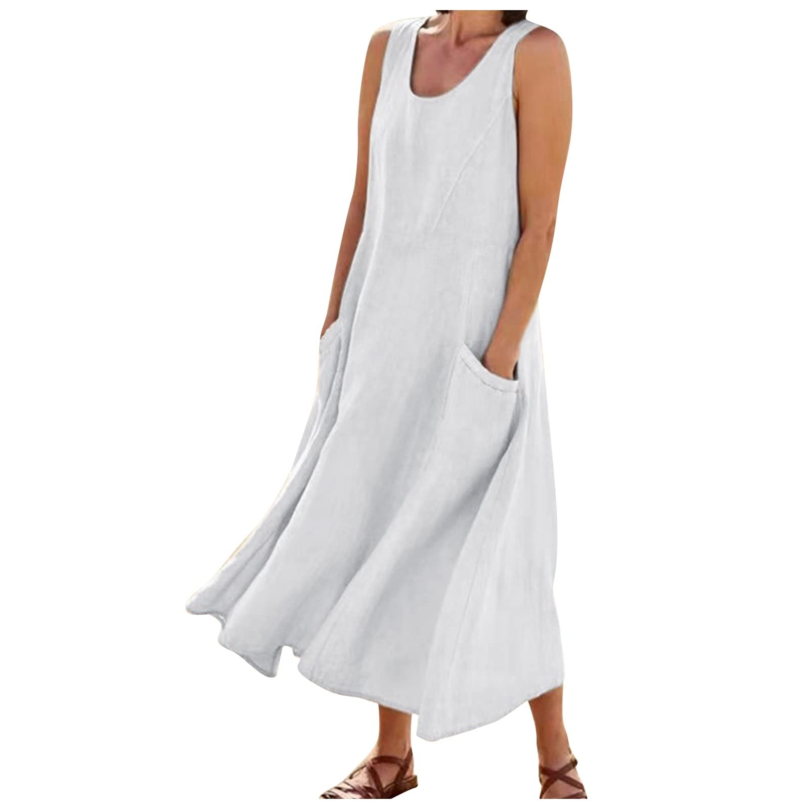 Women's Casual Cocktail Dress - Summer Sleeveless Cotton Linen Pocket Dress with Solid Color | Perfect for Parties, Weddings & Date Nights