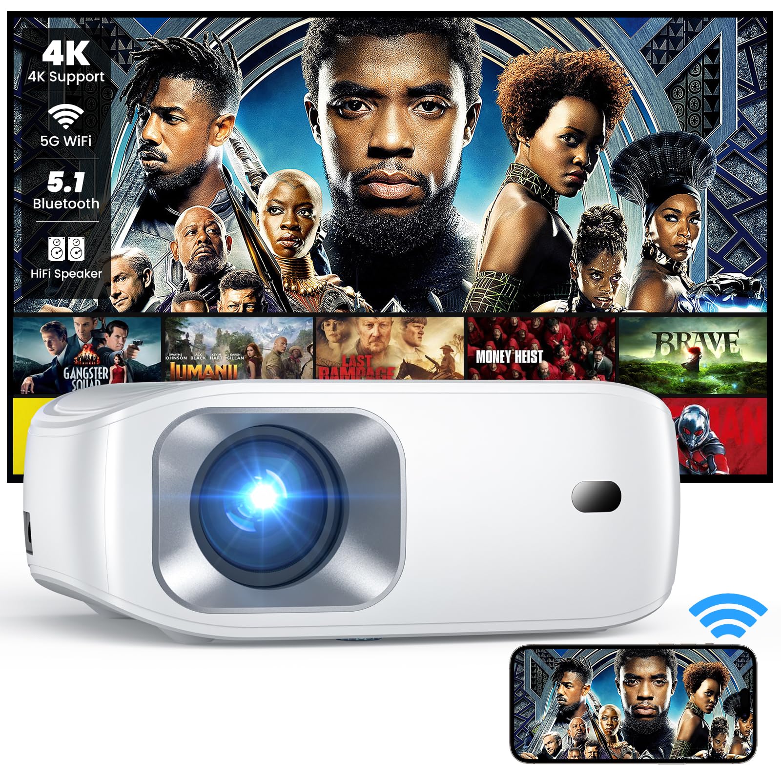 4K WiFi Bluetooth Projector - HONPOW Portable Mini Outdoor Movie Projector for Home Theater, Gaming & Camping | Compatible with TV Stick, Laptop, Smartphone, Xbox, PS5 | Perfect for Backyard Movies, Gaming Nights & Travel Entertainment