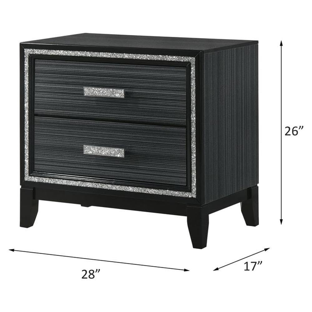 Acme Haiden Wooden 2-Drawer Nightstand with Silver Trim in Weathered Black - Modern Bedside Table for Bedroom, Living Room & Guest Room