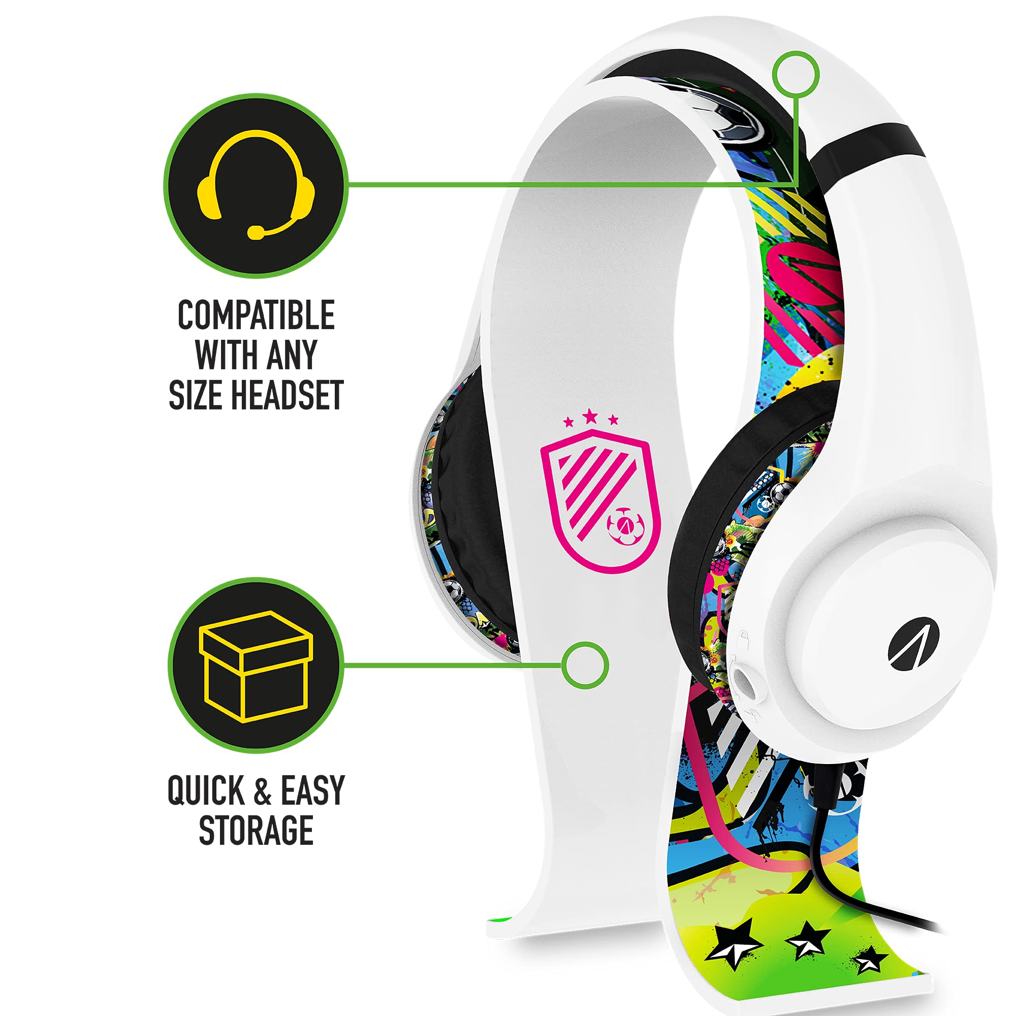Wireless Gaming Headset with Stand - Noise Cancelling Mic, Comfortable Ear Cushions for PC/PS5/Xbox (White & Black Graffiti Design) - Perfect for Esports, Streaming & Late-Night Gaming Sessions