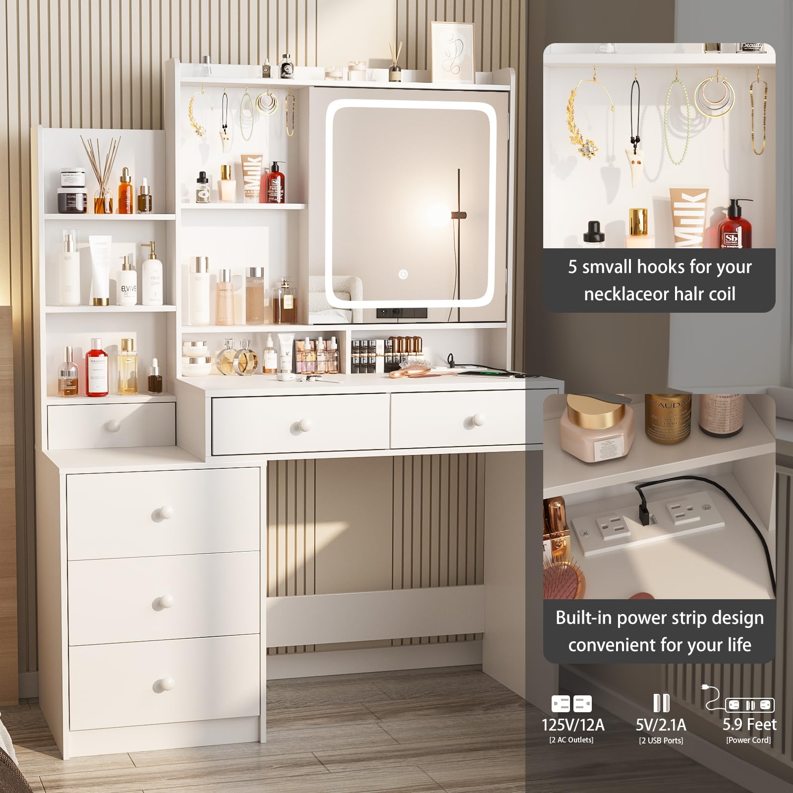 Vabches White Vanity Desk with LED Lighted Mirror & 6 Drawers - Makeup Dressing Table with Power Outlet & Shelves for Bedroom | Perfect for Makeup Application, Skincare Routine & Home Decor