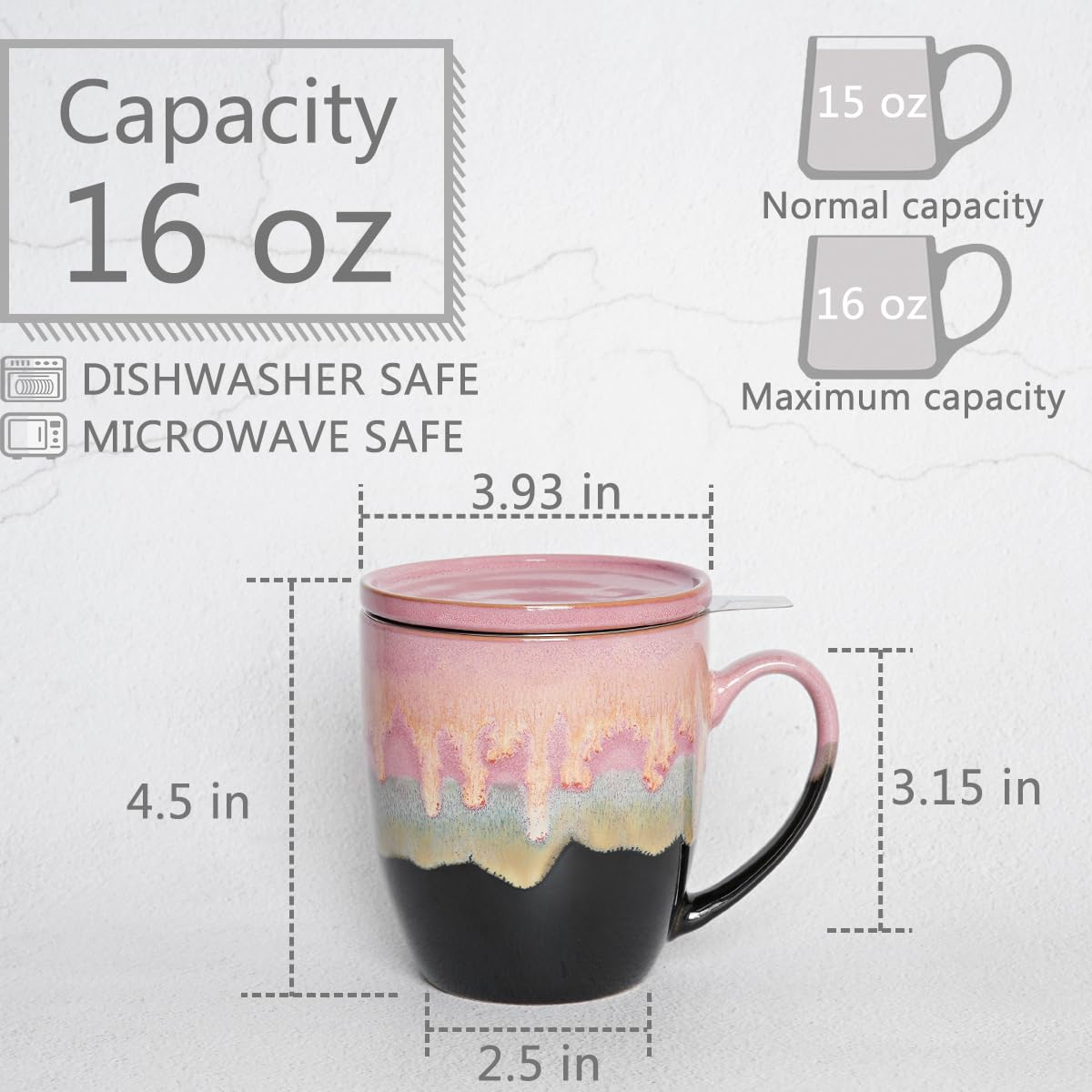 Bosmarlin 16 Oz Ceramic Tea Cup with Infuser, Lid & Strainer - Dishwasher & Microwave Safe Steeping Mug - 4 Colors (Pink) - Perfect for Loose Leaf Tea, Herbal Infusions & Office/Home Use