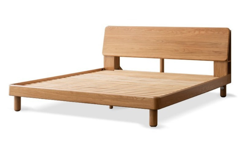 Solid Oak Wood Platform Bed with Bookshelf Headboard - Modern Bedroom Furniture for Small Spaces & Cozy Reading Nook