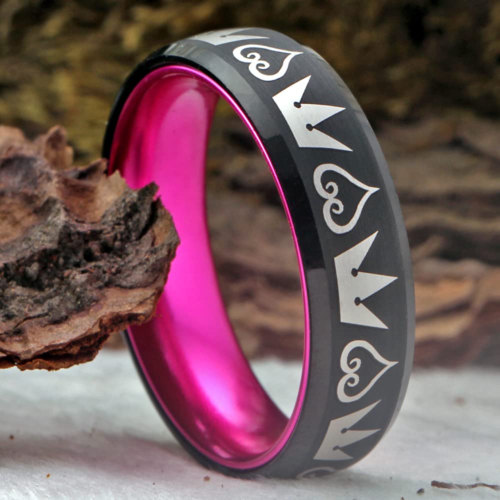 Kingdom Hearts Cosplay Jewelry - 8mm Red & Black Tungsten Ring with Crown Design, Matte Finish, Beveled Edges | Wedding Band, Custom Engraving | Perfect for Anime Fans, Gifts & Costume Accessories