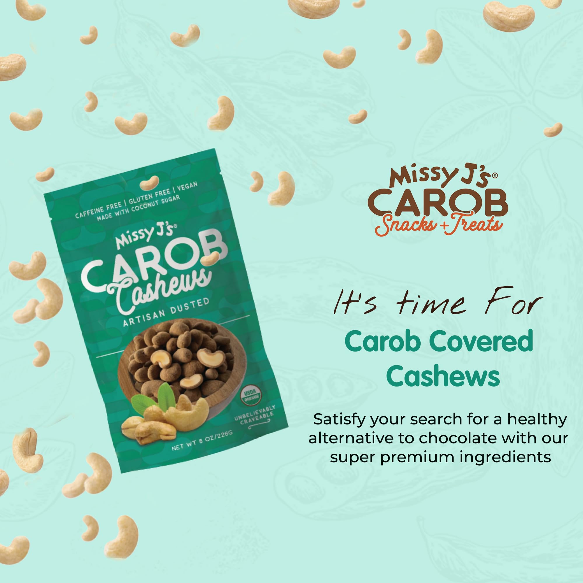 Organic Carob Covered Cashews 8oz (3 Pack) - Vegan, Gluten-Free, Dairy-Free Snacks - Healthy Chocolate Alternative for Parties, Gifts & On-the-Go Treats