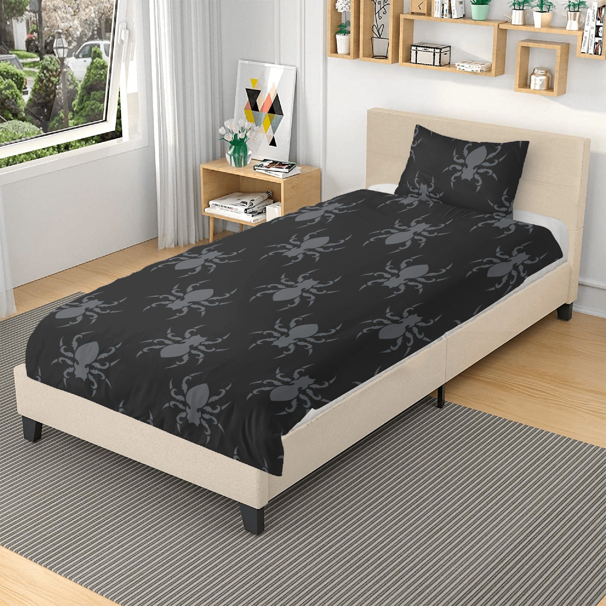 Goth Spider 3-Piece Bedding Set - Black Gothic Spiderweb Comforter, Pillowcases & Sheet for Halloween Decor, Horror Theme Bedroom, or Alternative Aesthetic Lovers