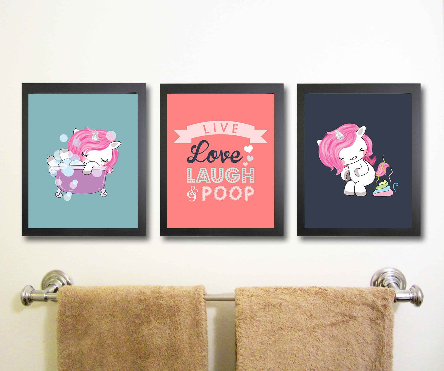 Funny Unicorn Bathroom Wall Art Decor Set of 3 - Silly Goose Gifts 'Live Love Laugh and Poop' Quote - Whimsical Home Decor for Bathroom, Kids Room & Nursery
