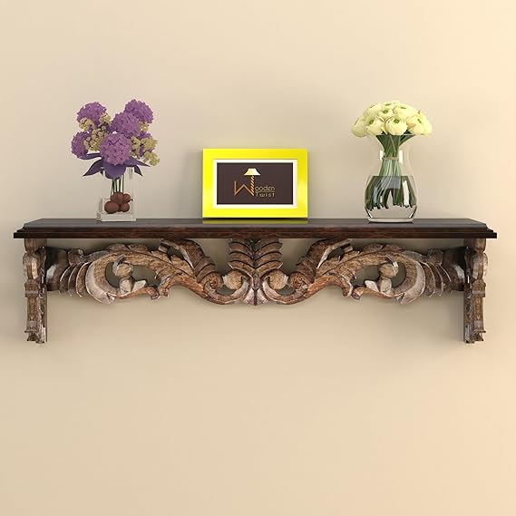 Hand Carved Wood Lacquered Wall Shelf - Rustic Brown Floating Shelf for Living Room, Bedroom & Home Decor - Perfect for Displaying Photos, Plants & Decorative Items