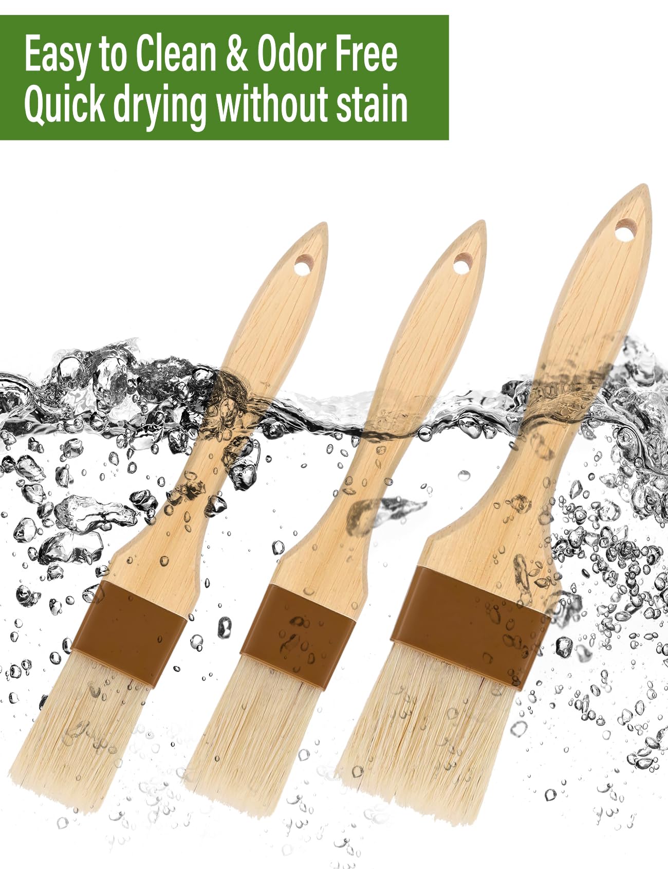 Natural Bristle Pastry Brush Set - 3 Pack for Baking, BBQ & Cooking - Wooden Handle Oil & Sauce Brush - Durable Kitchen Utensil