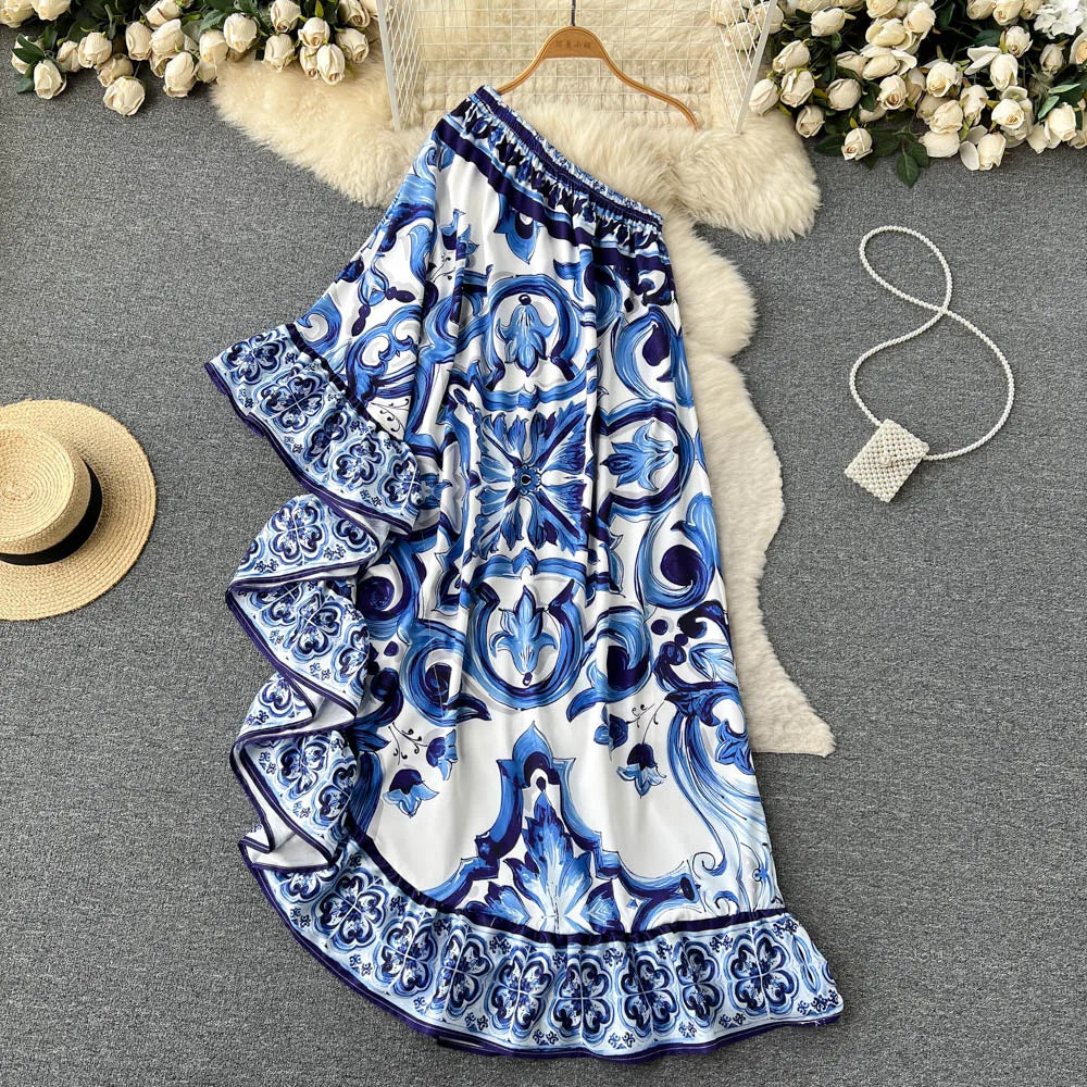 2023 New Summer Women's Bohemian Asymmetry Long Dress - Off Shoulder Blue & White Porcelain Print Ruffled Hem Loose Maxi Dress | Beach Wedding, Vacation, Party Wear