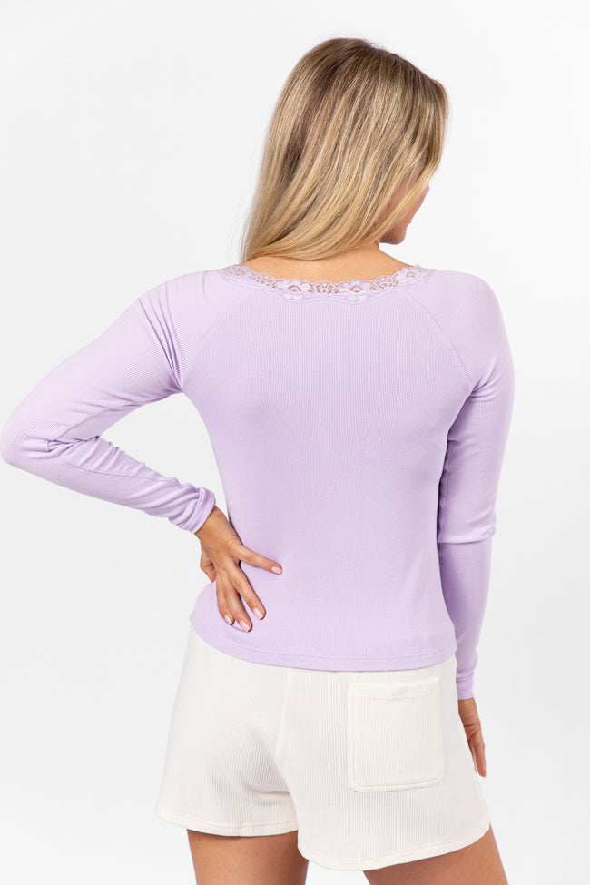 Lilac Ribbed Lace Trim Henley Long Sleeve Tee for Women - Soft Stretch Comfort Fit Top - Perfect for Casual Outfits, Date Nights & Layering