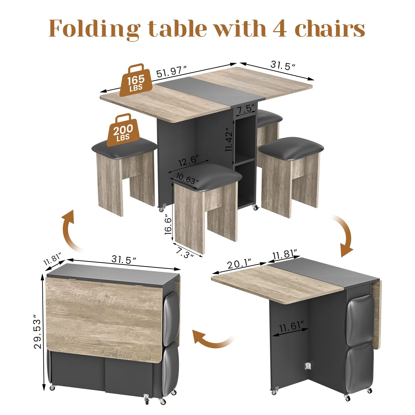 Space-Saving 4-Person Folding Dining Table Set with 4 Leather Chairs & Storage Shelves - Foldable Kitchen Table with 6 Wheels for Small Apartments (Grey) | Perfect for Compact Homes, Studio Apartments & Multi-Functional Spaces