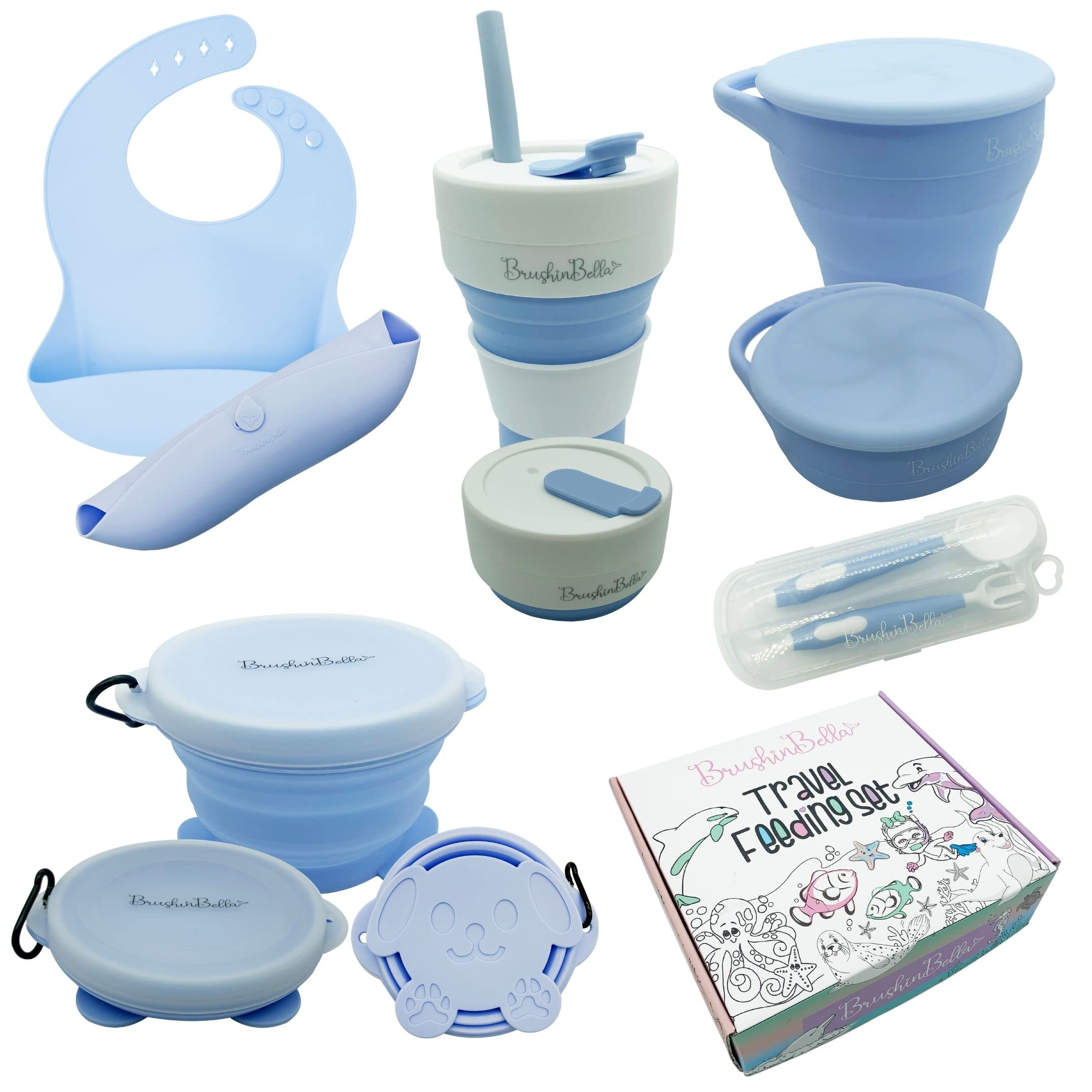 **Collapsible Baby Feeding Set - Food Grade Silicone Suction Bowl, Plate, Bib & Spoons - Travel-Friendly Toddler Essentials for Mess-Free Meals - Perfect Gift for New Parents & On-the-Go Families**    *(Use Case: Ideal for home, daycare, travel, picnics, and restaurants - promotes independent eating while minimizing spills!)*