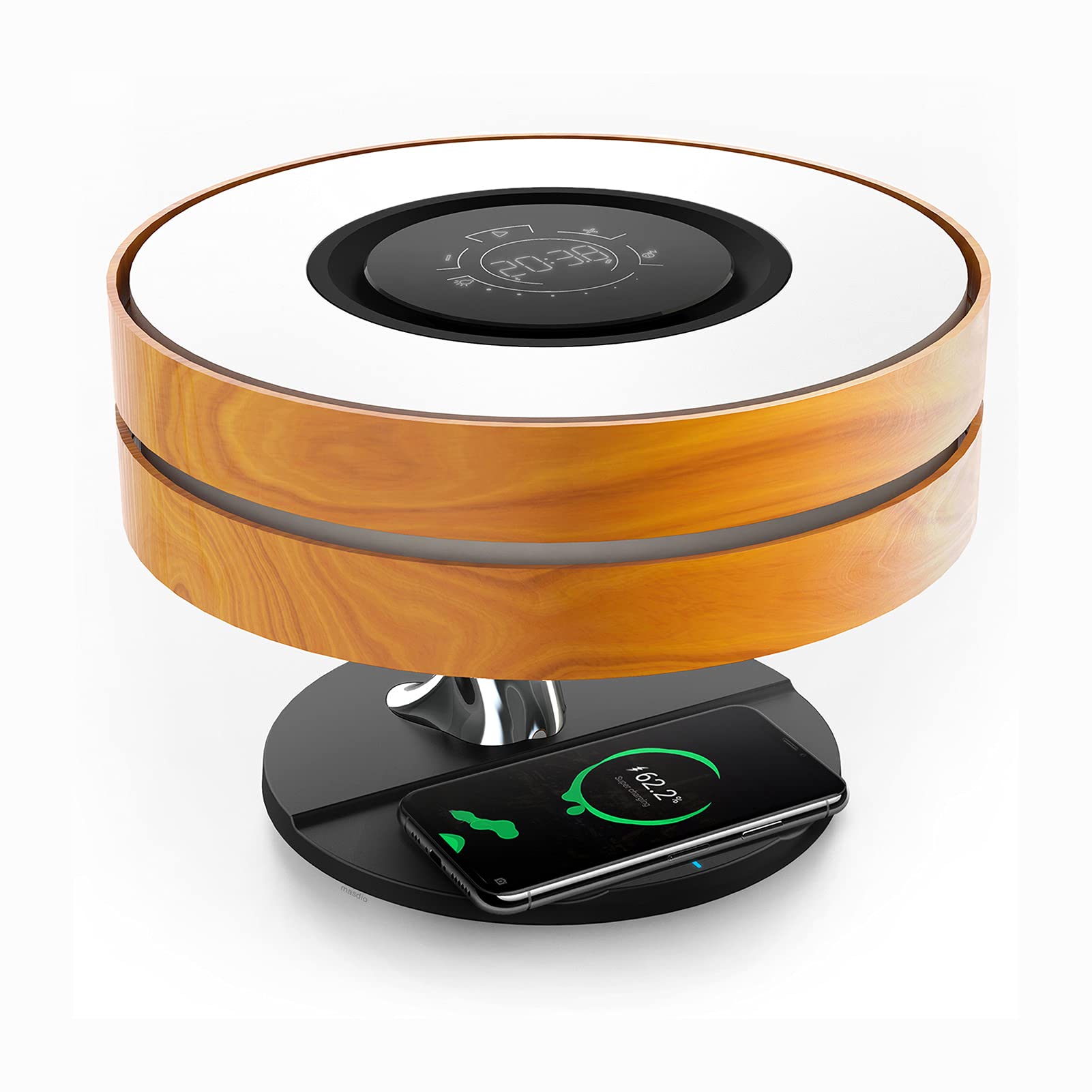 AMPULLA Masdio Horizon Bedside Lamp - 10W Wireless Charger & Bluetooth Speaker, Digital Clock Night Light with Stepless Dimming & Sleep Mode - Perfect for Bedroom Nightstand, Reading, Relaxation & Ambient Lighting
