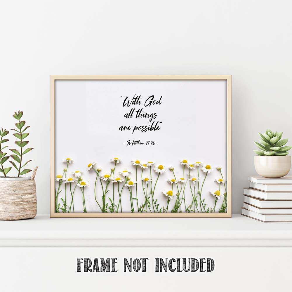 TJ Originals - Matthew 19:26 Bible Verse Wall Art - 'With God All Things Are Possible' Christian Scripture Print - 11x14 Inspirational Home Decor - Perfect Gift for Family, Friends & Women (White Daisies Design) - Ideal for Living Room, Bedroom, Office & Church Decorations