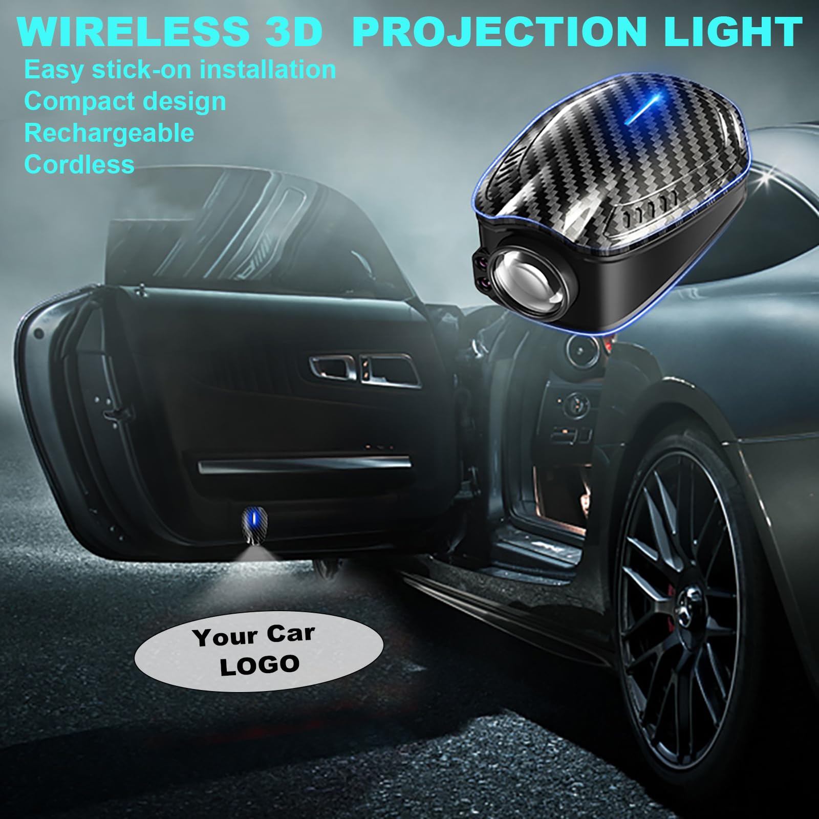 2PCS Wireless HD Car Door Logo Projector - Rechargeable LED Welcome Light with Ghost Shadow Effect, Courtesy Step Lamp for Cars (Ideal for Nighttime Safety & Custom Car Branding)