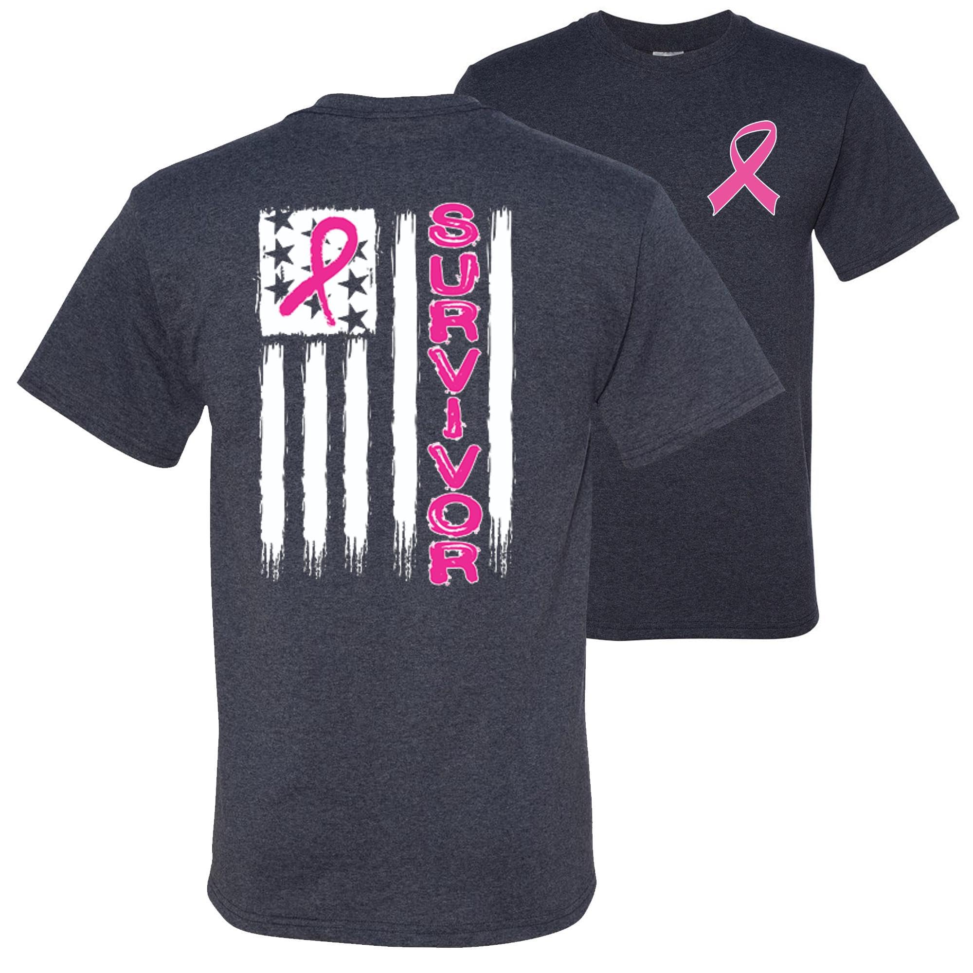 Wild Custom Apparel - Breast Cancer Awareness American Flag T-Shirt for Men | Front & Back Design | Comfortable & Stylish | Perfect for Fundraising Events, Awareness Walks & Patriotic Occasions