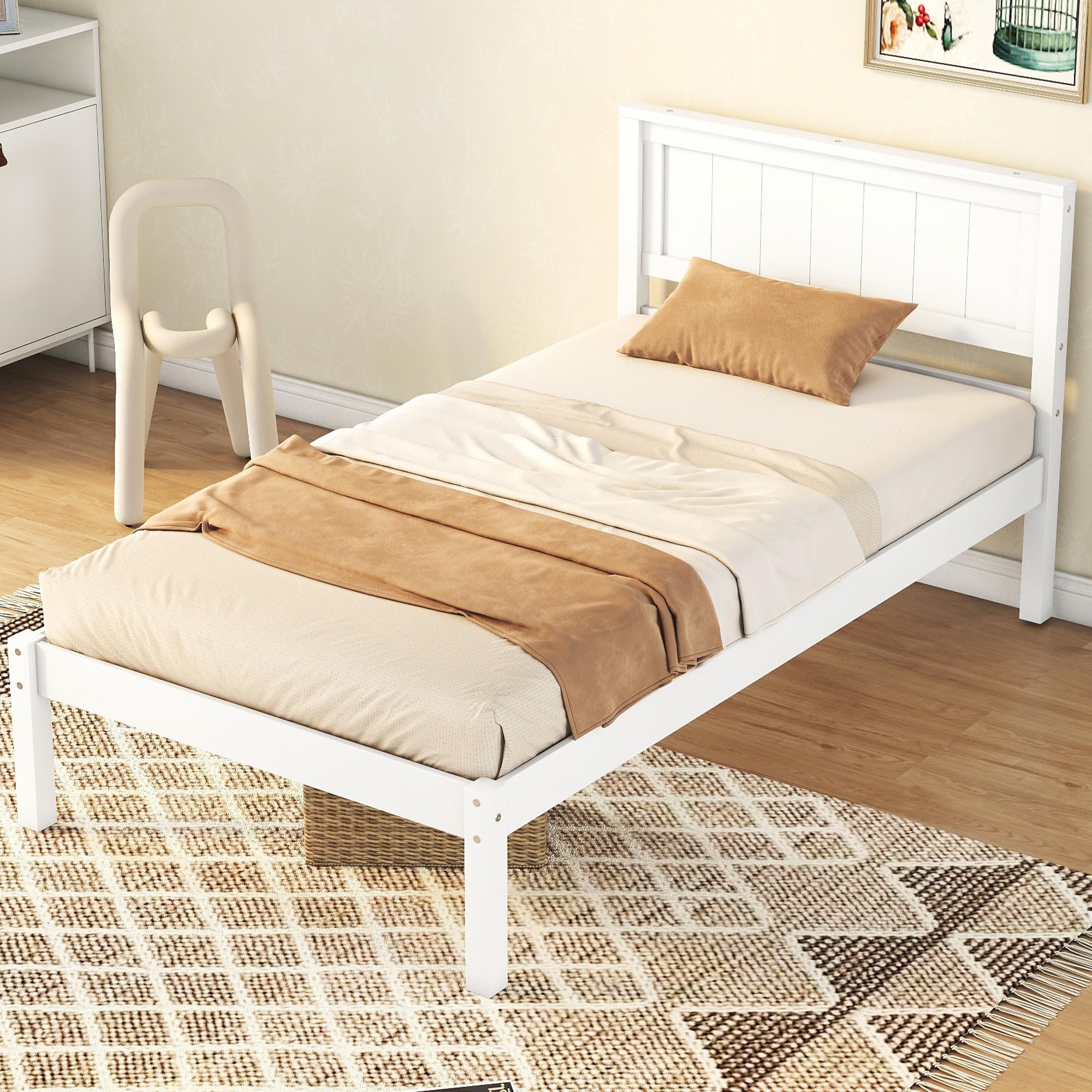 Harper & Bright Designs Twin Bed Frame with Headboard and Footboard - Solid Wood Twin Size Platform Bed with Wood Slats Support - No Box Spring Needed - Perfect for Kids, Boys & Girls Bedrooms - White