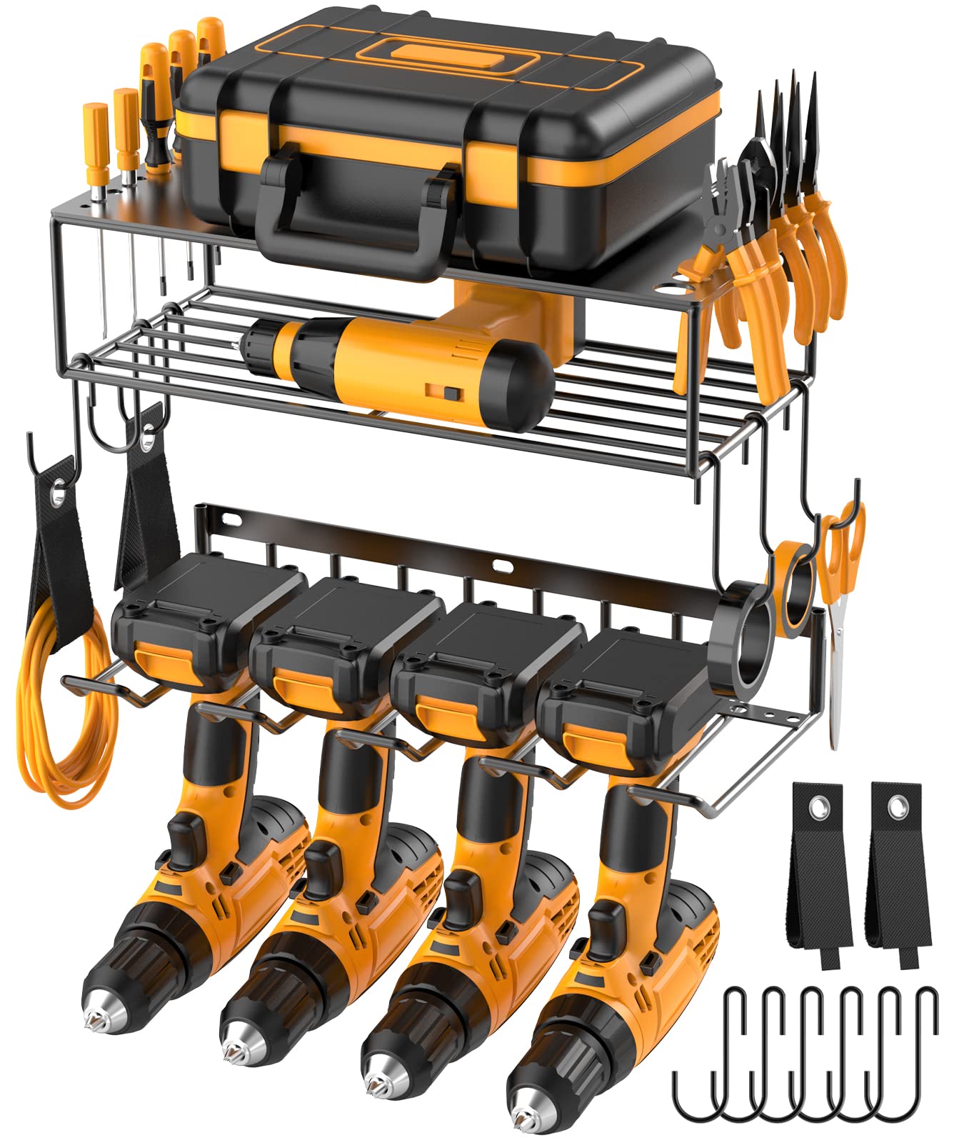Heavy Duty Wall Mount Tool Organizer Rack with Hooks & Screwdriver Holder - Power Tool Storage Shelf for Cordless Drills - Perfect for Garage Organization & Workshop Storage