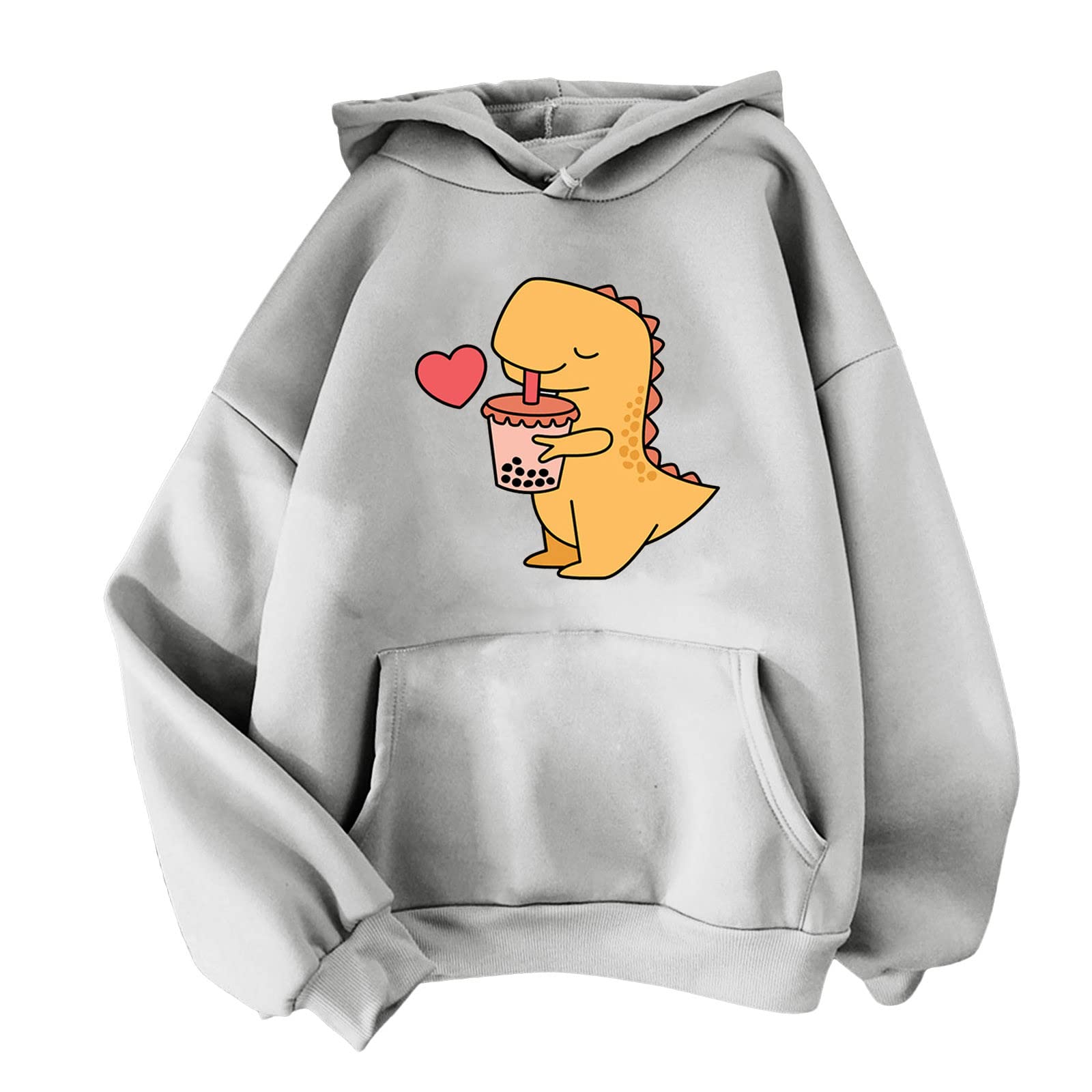Women's Casual Dinosaur Print Hooded Sweatshirt with Drawstring & Pocket - Cozy Funnel Neck Pullover for Everyday Wear, Street Style & Lounge Outfits