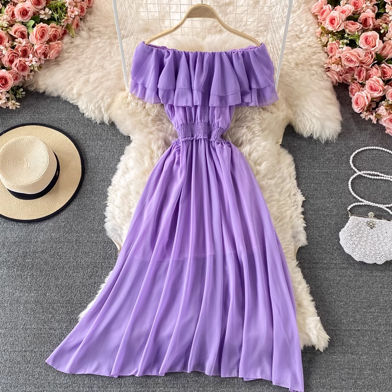 Sexy Off Shoulder Long Skirt with Ruffles - Flowy Chiffon Maxi Dress for Women | Perfect for Beach Vacations, Date Nights & Summer Parties