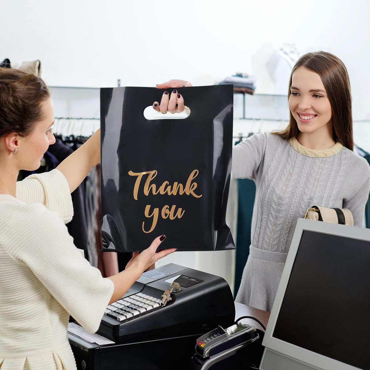 9 x 12 Inch Plastic Shopping Bags with Die-Cut Handles - 100 Count Black Merchandise Bags for Boutique, Retail & Trade Shows | Perfect for Small Business Thank You Gifts & Customer Packaging