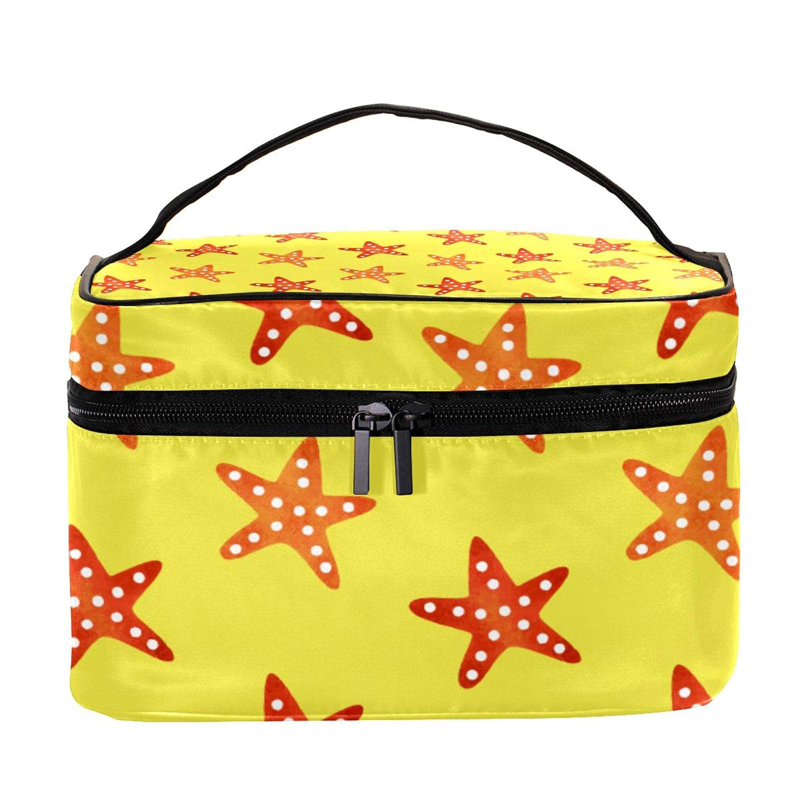 Yellow Starfish Pattern Large Travel Makeup Bag - Waterproof Cosmetic Organizer with Zipper for Women & Girls - Perfect for Beach Trips, Vacations & Daily Makeup Storage