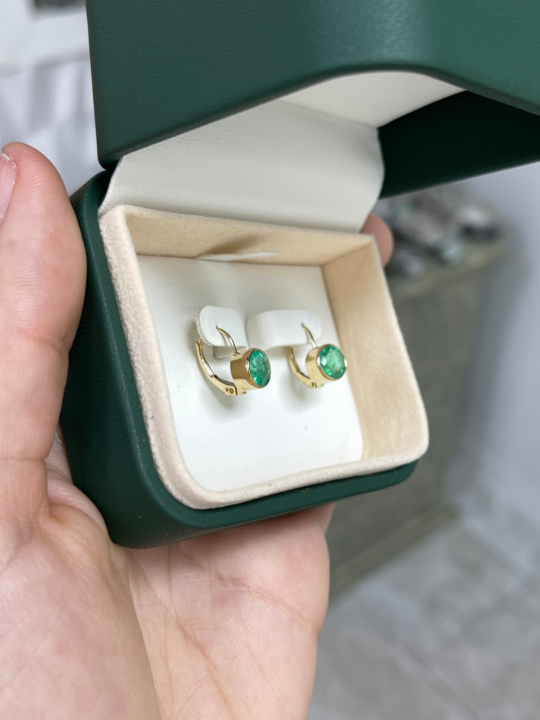 2.30tcw Round Emerald Bezel Leverback Earrings in 14K Gold - Elegant Dangle Earrings for Women, Perfect for Weddings, Parties & Special Occasions