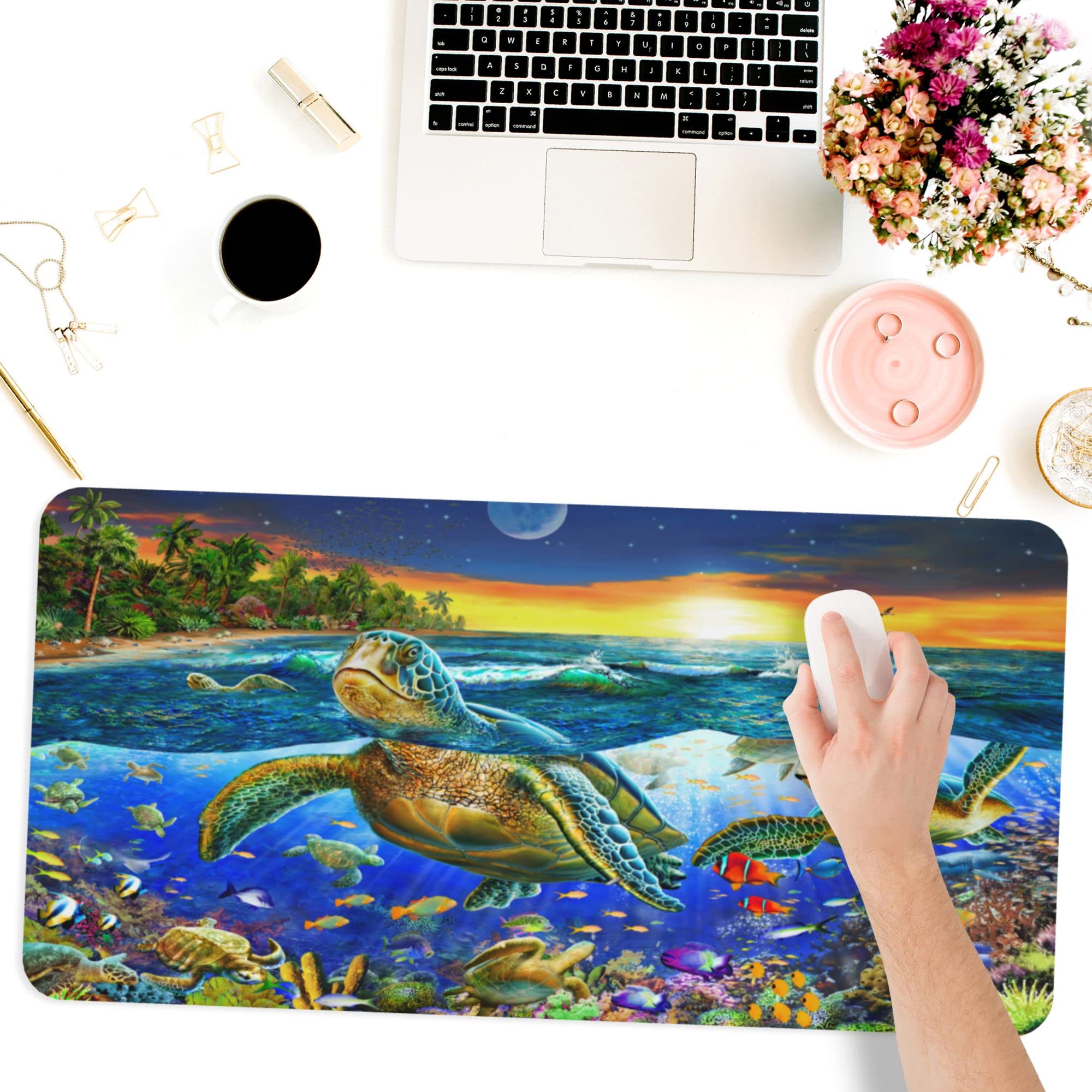 Premium Large Gaming Mouse Pad with Non-Slip Rubber Base - 31.5x15.7 Inch Extended Desk Mat for PC, Laptop & Office Work | Sea Turtle Design, Stitched Edges | Perfect for Gaming, Typing & Home Office Setup