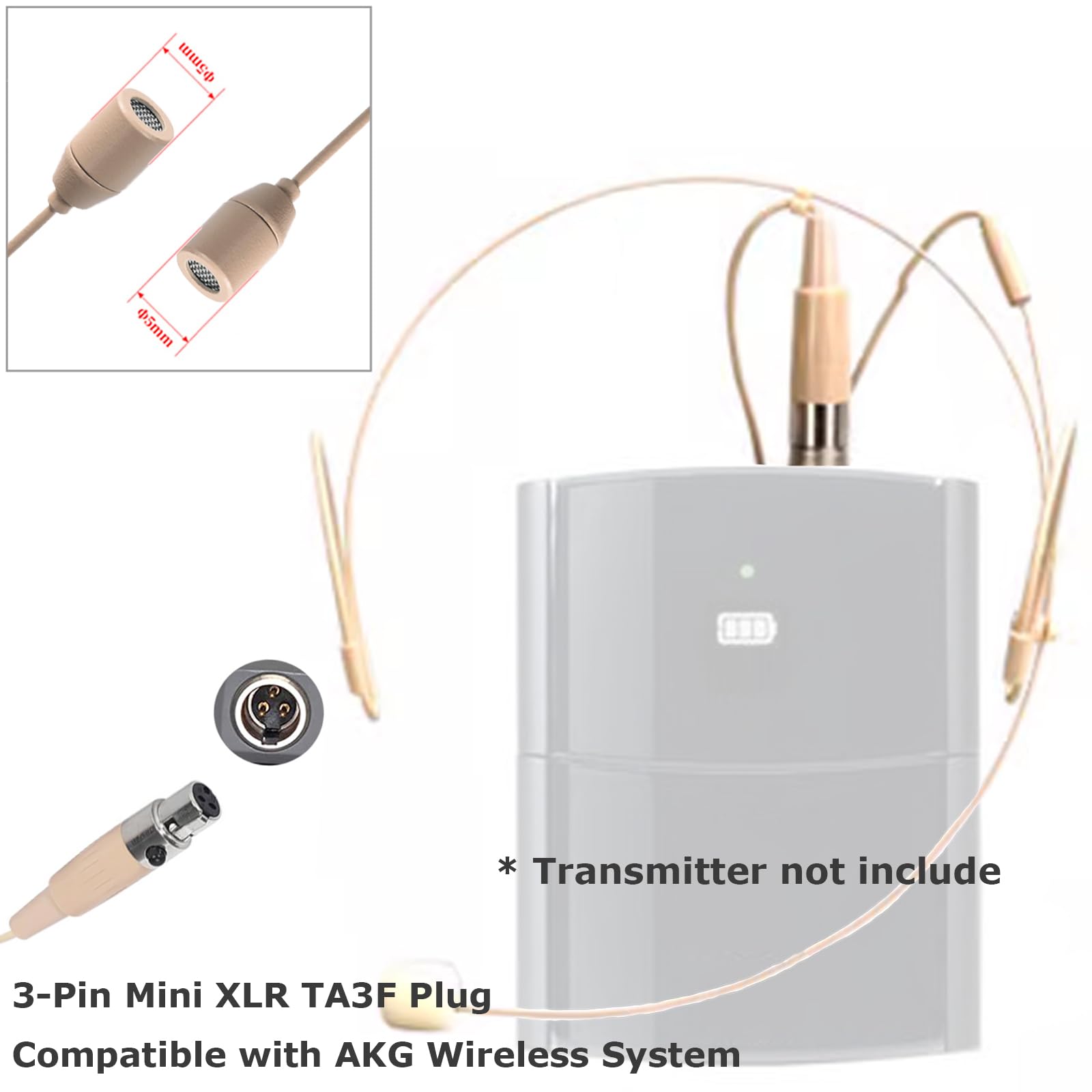 Professional Headset Microphone with Omnidirectional Condenser - Over-Ear Hanging Design, Compatible with AKG Wireless Bodypack Transmitter (Mini XLR 3-Pin TA3F Plug) - Ideal for Live Performances, Broadcasting & Podcasting