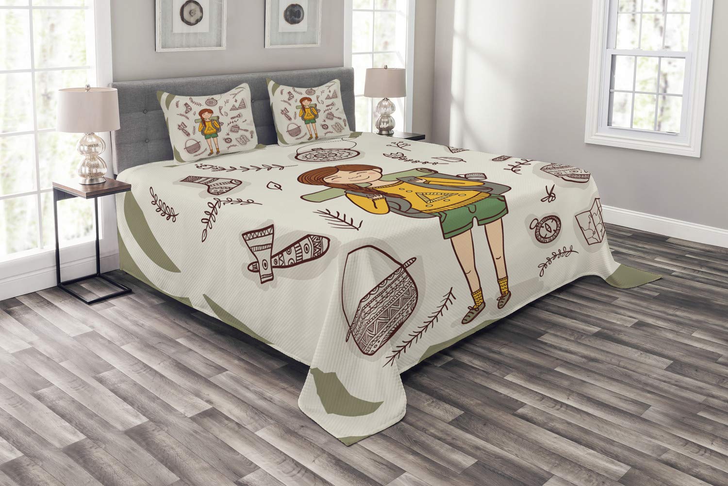 Ambesonne Explore Hiker Cartoon Bedspread Set - 3 Piece King Size Bedding with Backpack & Camping Design, Multicolor - Perfect for Kids' Rooms, Camping Themed Decor & Adventure Lovers
