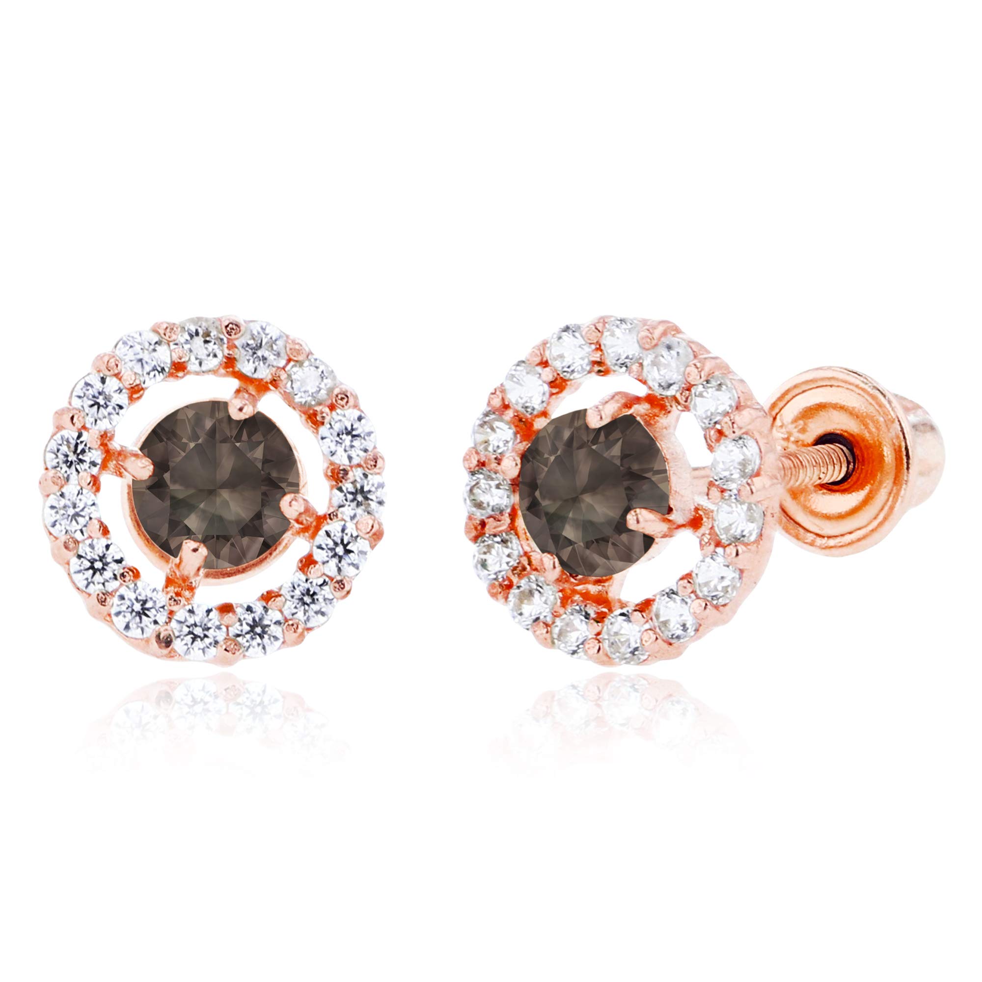 14K Solid Gold 6mm Halo Natural Birthstone Screwback Stud Earrings for Women | 3mm Round Birthstone | 1mm Created White Sapphire Halo Earrings | Perfect for Birthdays, Anniversaries & Everyday Elegance