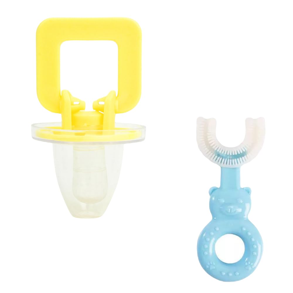 Joy Buzz BPA-Free Silicone Pacifier & U-Shape Toothbrush Combo for Babies 0-12 Months - Safe Infant Oral Care Set for Teething Relief & Early Dental Hygiene (Yellow & Blue) - Perfect for Soothing, Cleaning & Developing Healthy Teeth