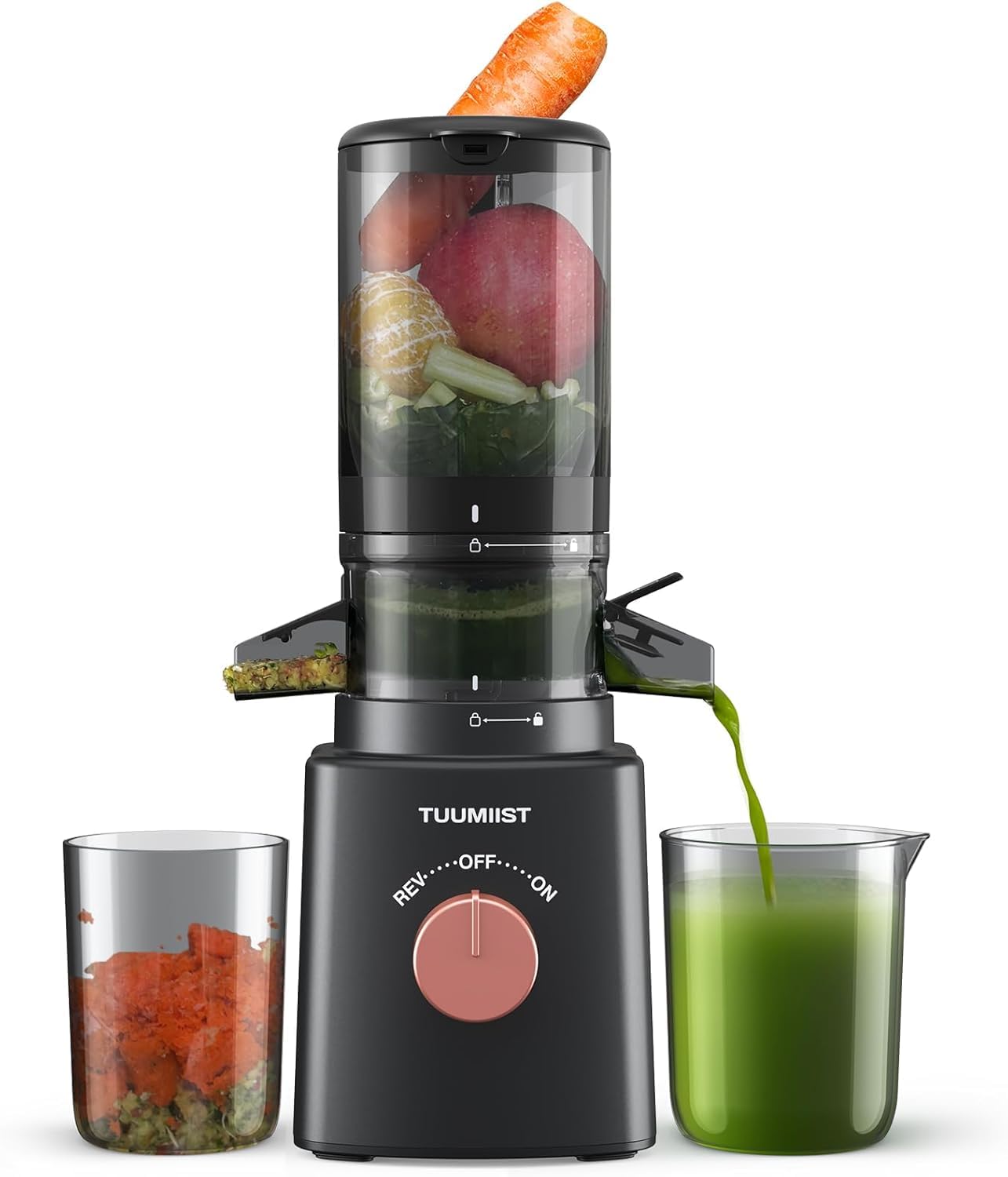 TUUMIIST Cold Press Juicer Machine - 4.25'' Large Feed Chute for Whole Fruits & Vegetables, Easy to Clean Masticating Juicer in Gun Grey - Perfect for Healthy Juicing at Home, Gym, or Office