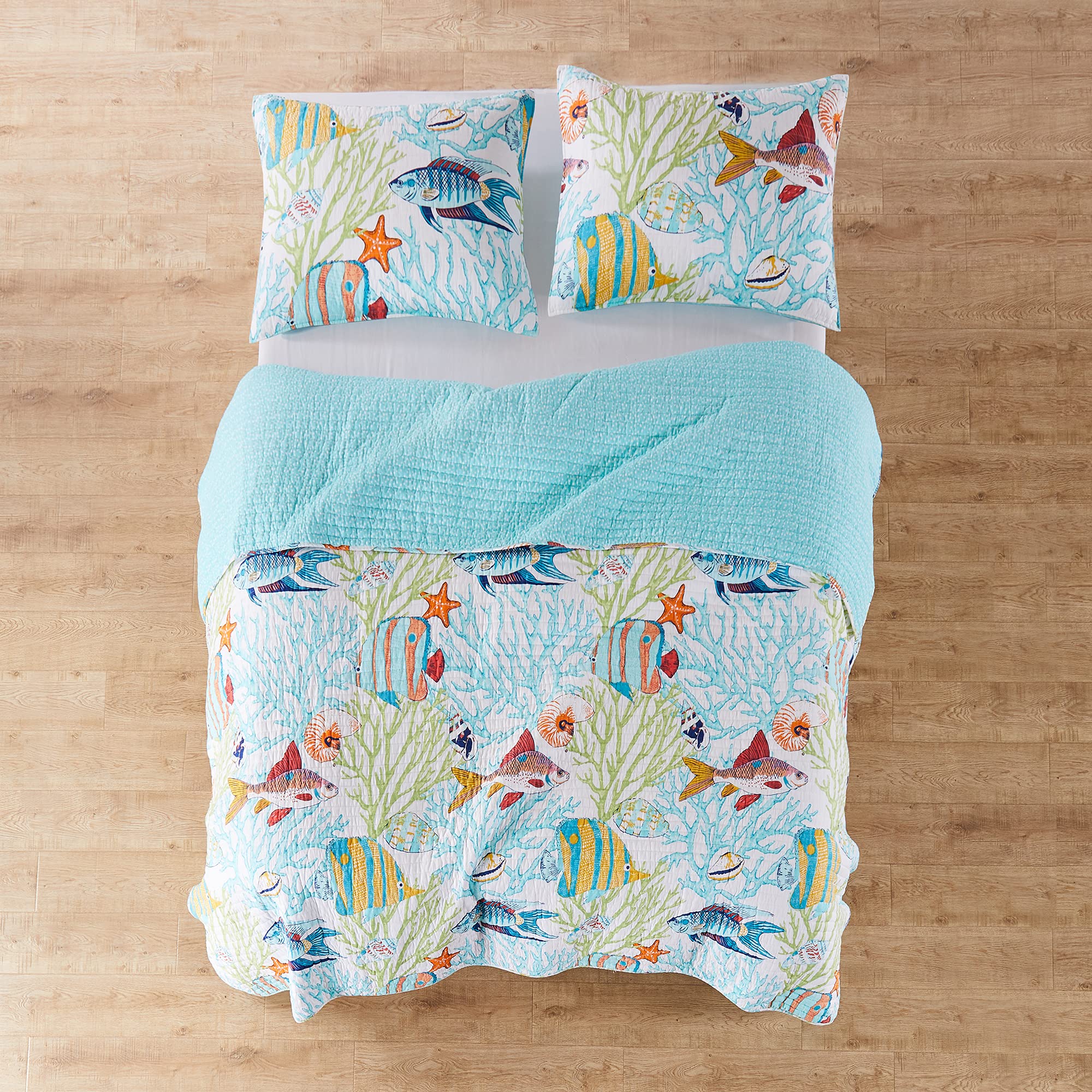 Levtex Home Beachwalk Full/Queen Quilt Set - 100% Cotton Reversible Coastal Bedding in Teal | Perfect for Beach House Decor & Coastal Themed Bedrooms