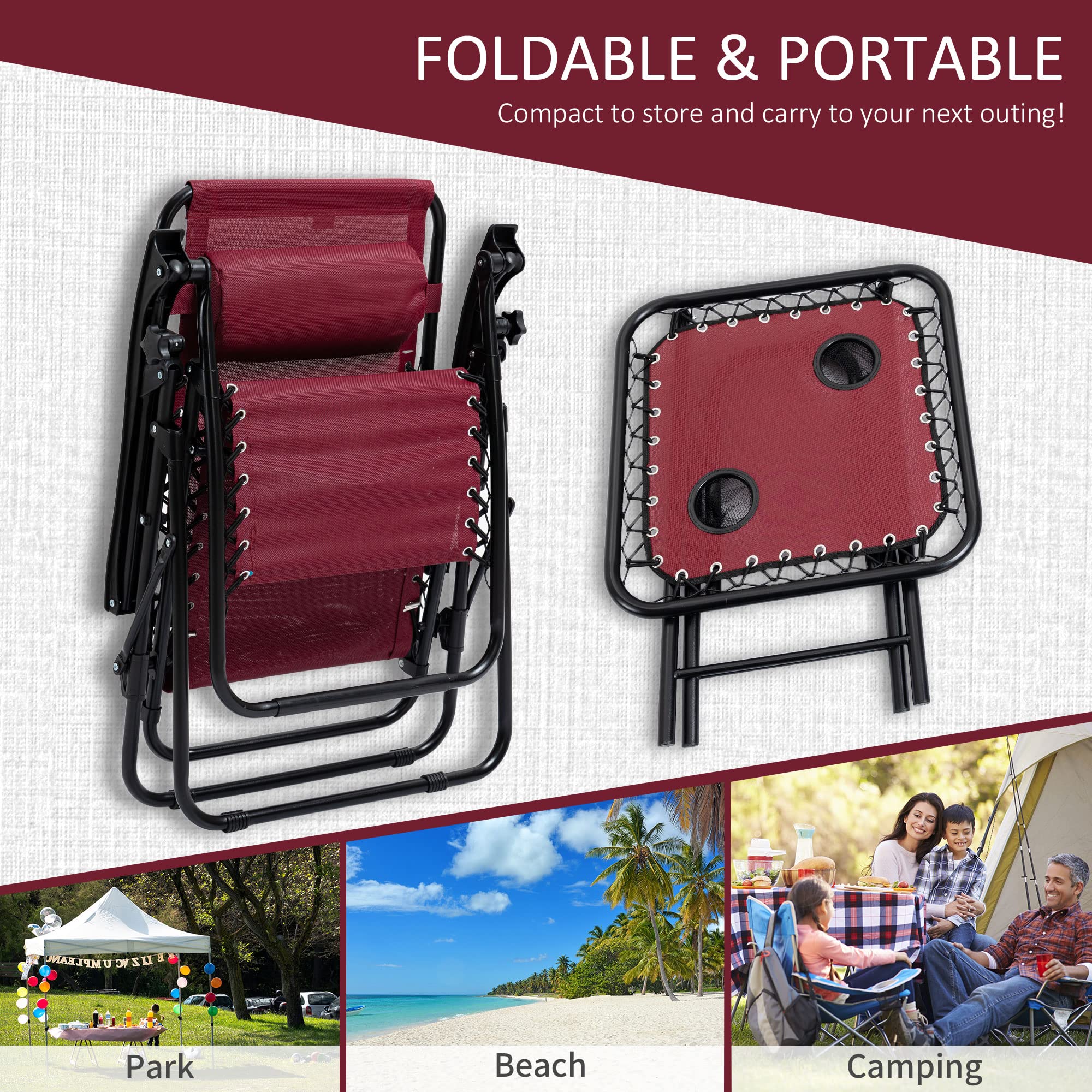 Outsunny Zero Gravity Lounge Chair Set with Side Table - Adjustable Folding Recliner with Cup Holders & Head Pillow - Patio, Backyard, Poolside, Beach Relaxation - Perfect for Sunbathing, Camping & Outdoor Lounging (Wine Red)
