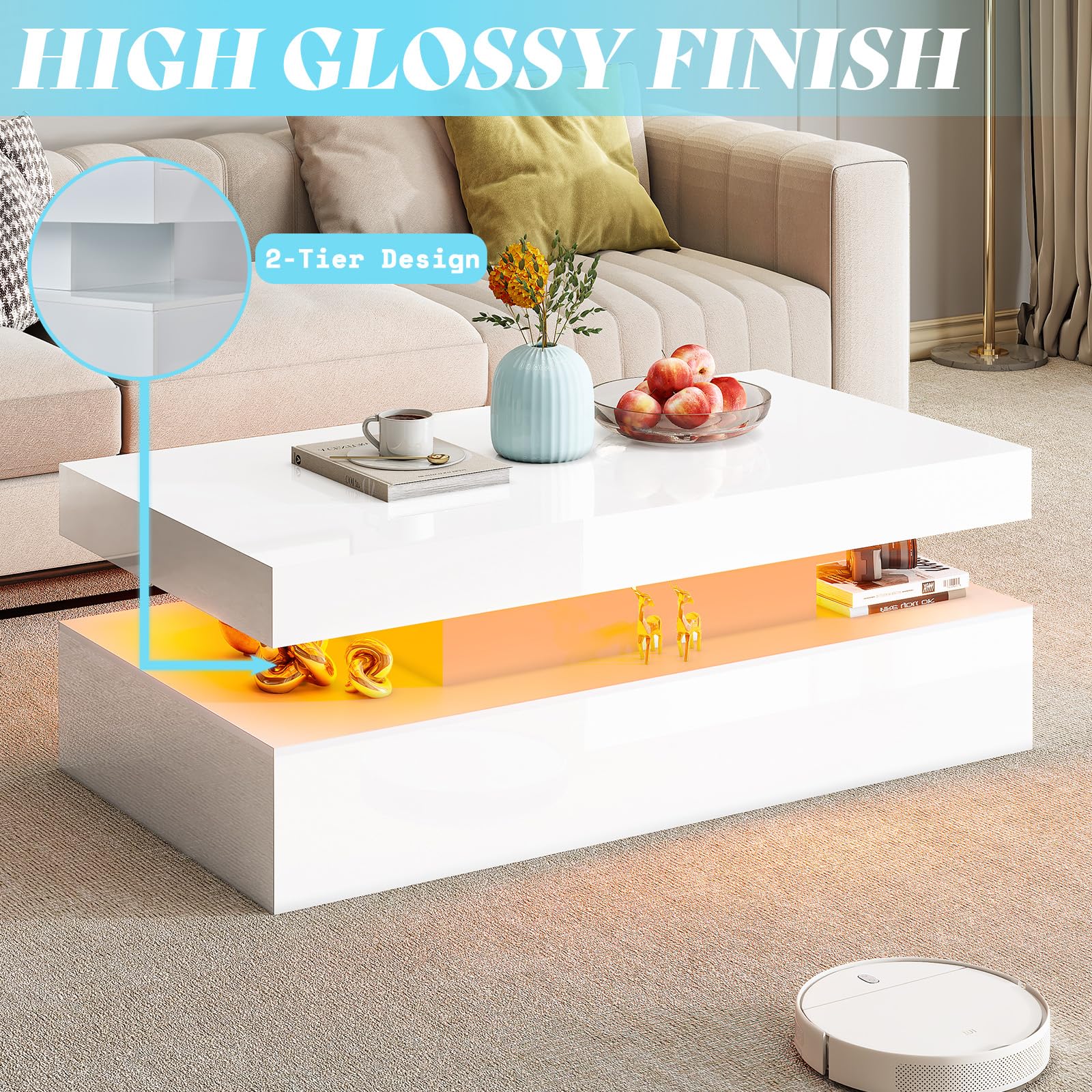 AMERLIFE 3-Piece Modern LED Coffee Table Set with Charging Station - High Gloss White 2-Tier Center Table & 2 End Side Tables, Nightstand for Living Room & Bedroom - Perfect for Home Decor, Entertainment & Charging Devices