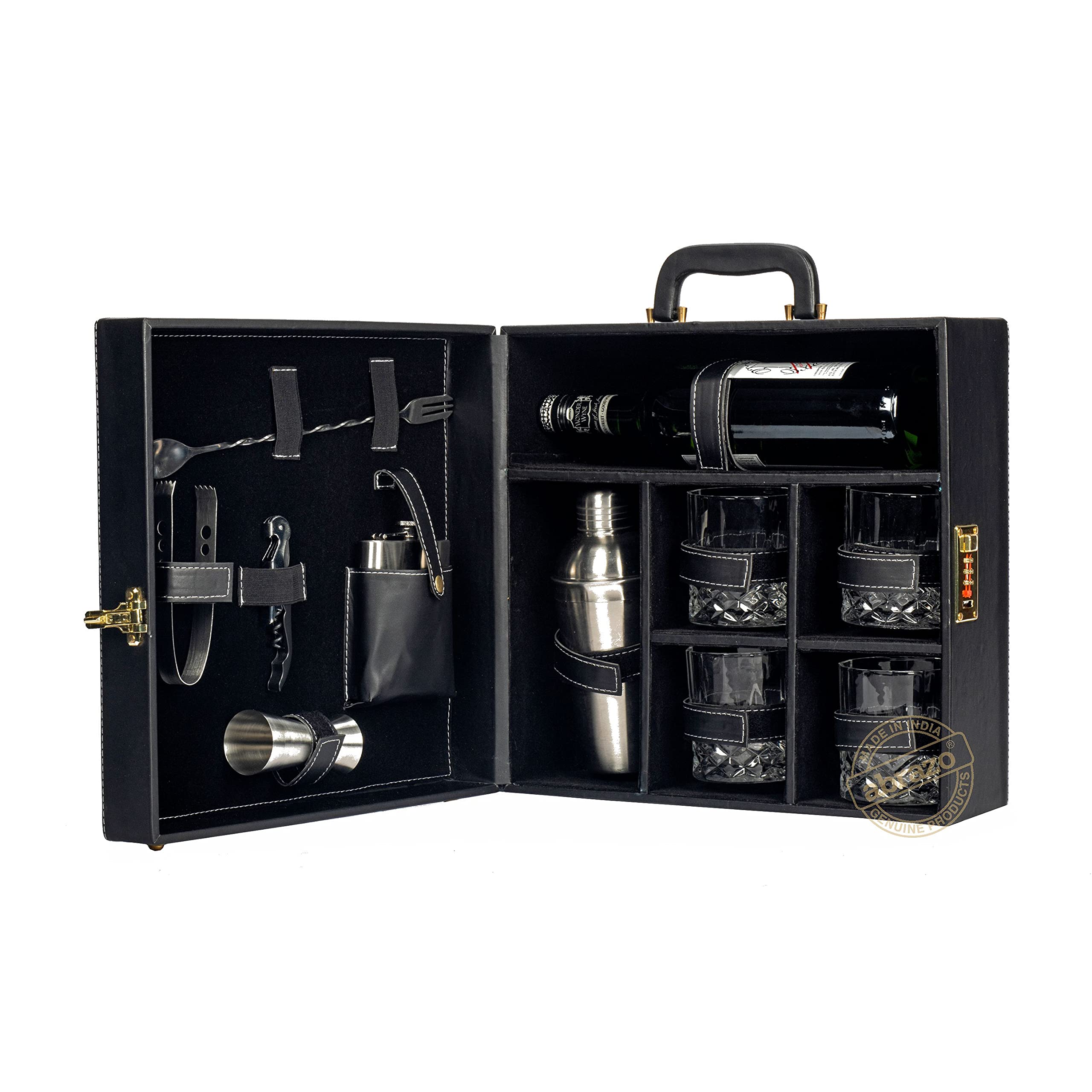 Personalized Faux Leather Bar Set with Custom Name - Portable 4-Piece Bar Tool Kit & Glasses (35.5x34.5x14.5cm) - Perfect for Home Parties, Weddings & Housewarming Gifts