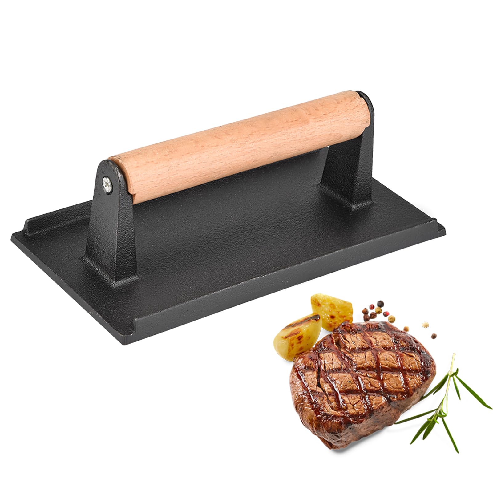 Heavy Duty Cast Iron Steak Press with Wooden Handle - Professional Hamburger Patty Maker & Bacon Press for Grilling, BBQ, Paninis - Perfect for Backyard Cookouts, Restaurant Use & Home Kitchen