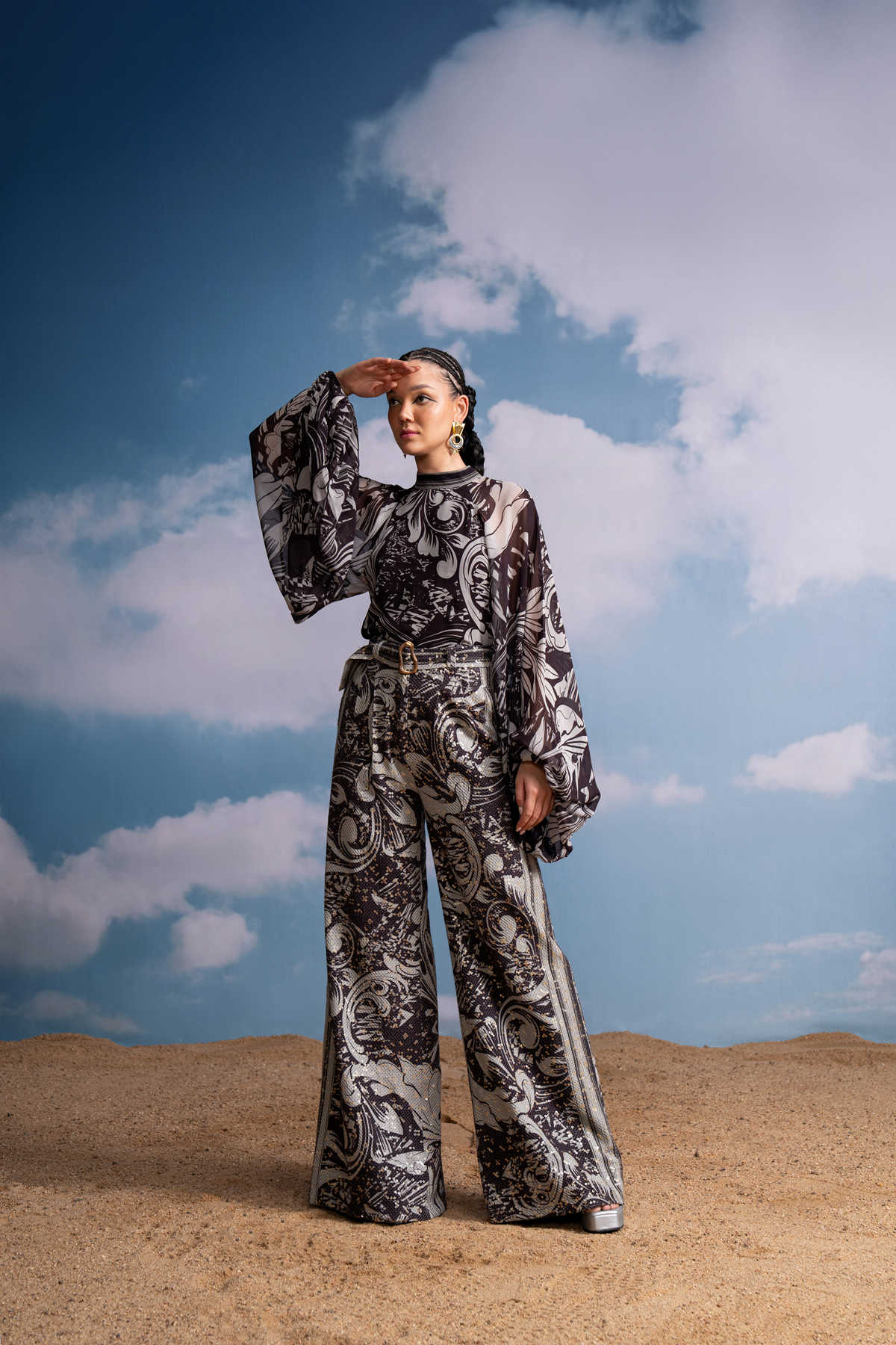 Stylish Chocolate Swirl Print Top with Bishop Sleeves - Perfect for Casual Outings & Date Nights