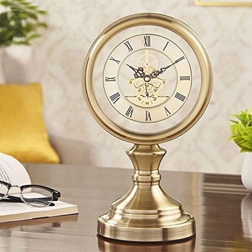 Vintage Golden Metal Desk Clock - Retro Roman Numerals Alarm Clock for Office, Living Room & Shelf Decor - 7.3x5.5x12.6in Classic Table Clock (Perfect Gift for Home, Office or Anniversary)