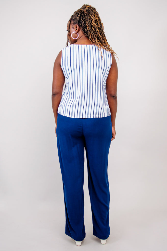 Havana Tank Top - Indigo Stripe Linen Bamboo Blend Women's Shirt - Perfect for Summer Outfits, Beach Wear & Casual Style