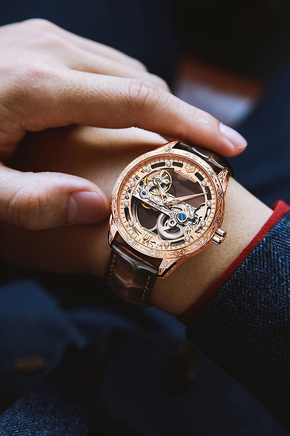 OLEVS Men's Skeleton Automatic Mechanical Watch - Self-Winding Dress Watch with Luminous Hands, Waterproof Leather Strap - Perfect for Business, Formal Events & Luxury Gifts