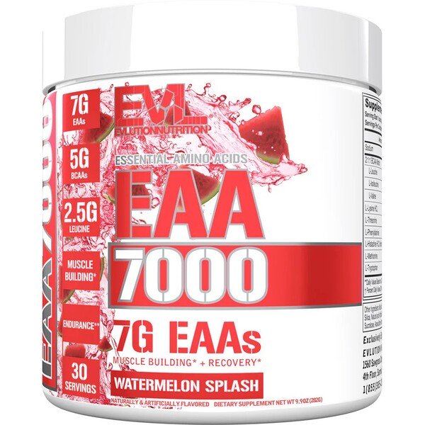 EVLution Nutrition EAA 7000 Essential Amino Acids Supplement - Watermelon Splash Flavor, 282g Powder for Muscle Recovery & Performance Boost | Pre-Workout & Post-Workout Use
