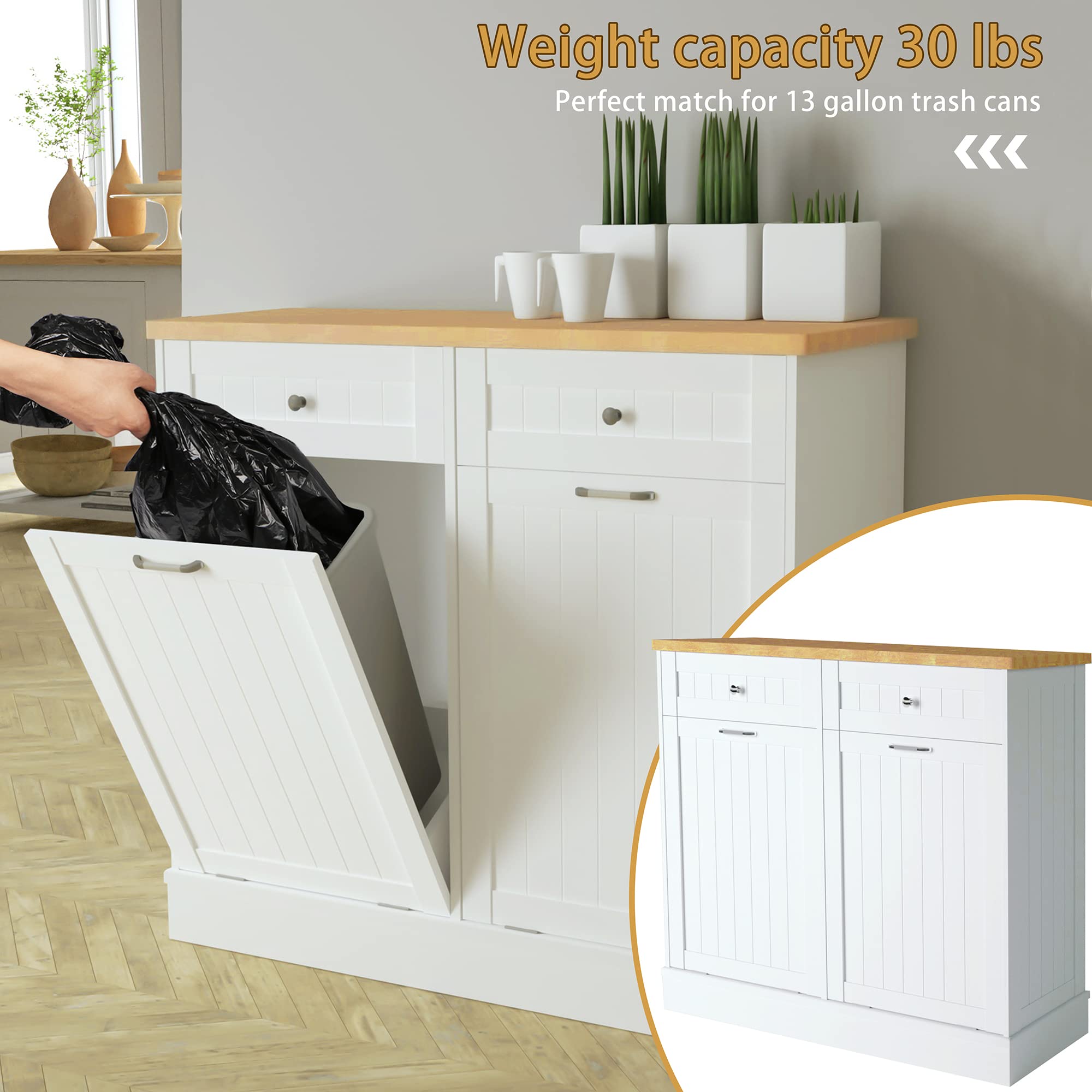 10 Gallon Wooden Tilt-Out Trash Cabinet - Free Standing Laundry Sorter & Recycling Bin with Hideaway Drawer for Kitchen, Bathroom, and Utility Room Organization