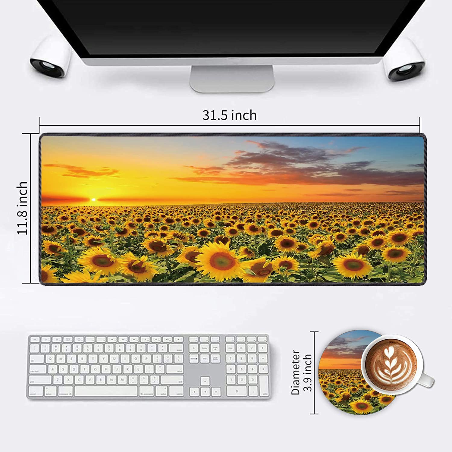 Extra Large Gaming Mouse Pad with Non-Slip Rubber Base - XXL Extended Keyboard Mouse Mat for PC, Laptop, Office & Study - Includes Free Cup Coaster - Sunflower Design for Gamers & Professionals (Perfect for Esports, Work & Home Office Setup)