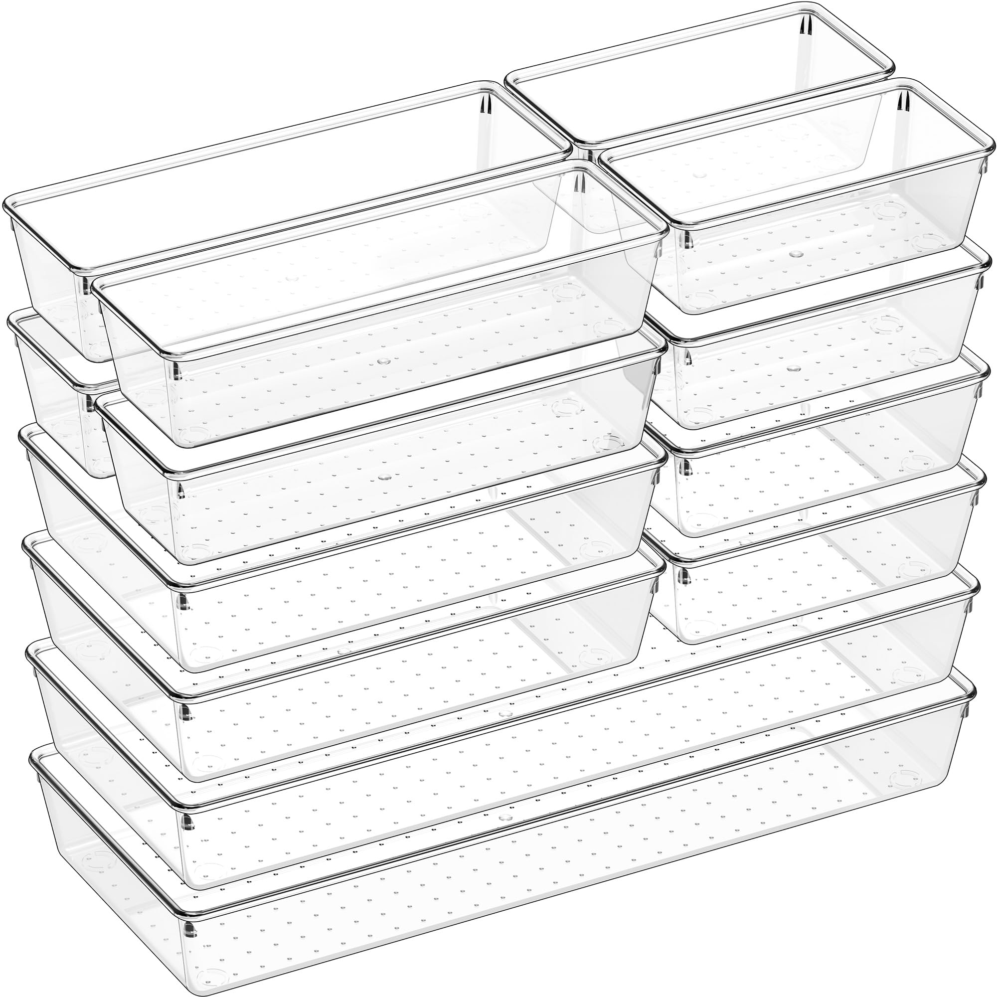 Criusia 14-Piece Clear Plastic Drawer Organizer Set - 5 Large Versatile Storage Trays for Kitchen, Bathroom, Makeup, Utensils, Tools & Office | Non-Slip Drawer Bins for Home Organization & Decluttering