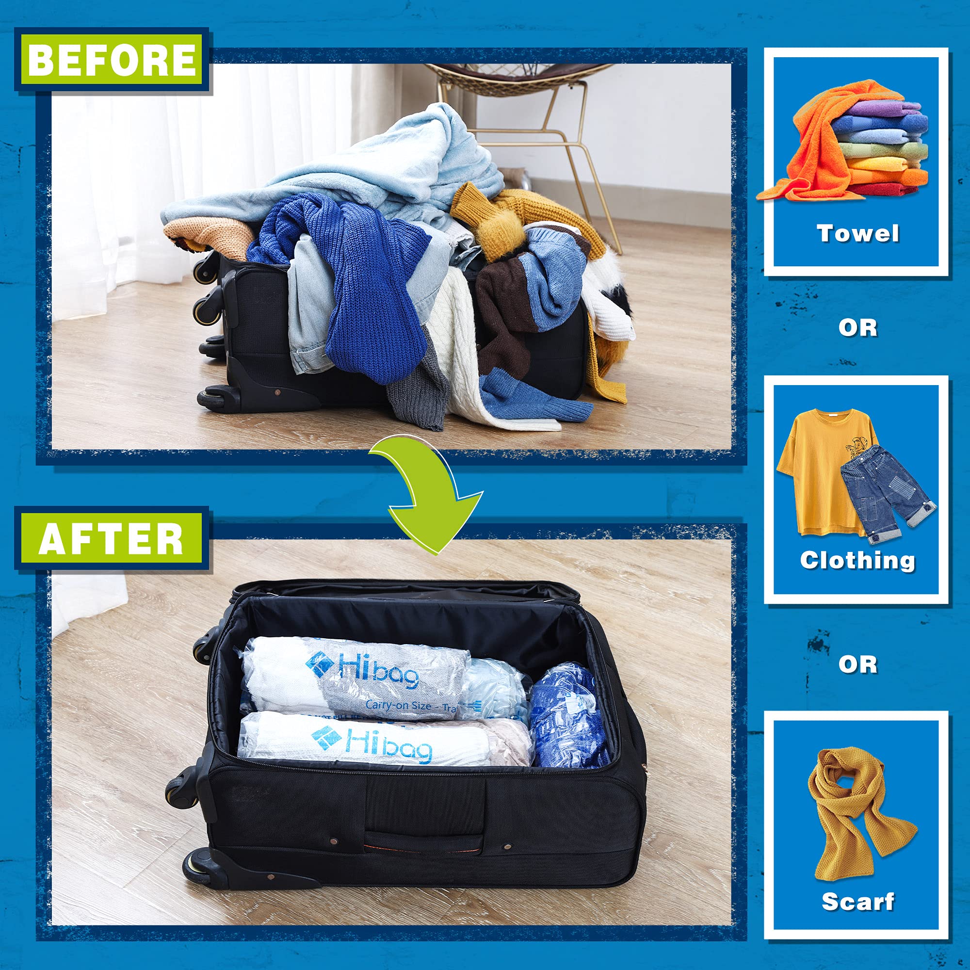 HIBAG 12-Pack Travel Compression Bags - Vacuum Seal Space Saver Storage Bags for Clothes, Blankets & Travel Essentials | Perfect for Cruise, Camping & Airplane Luggage Organization
